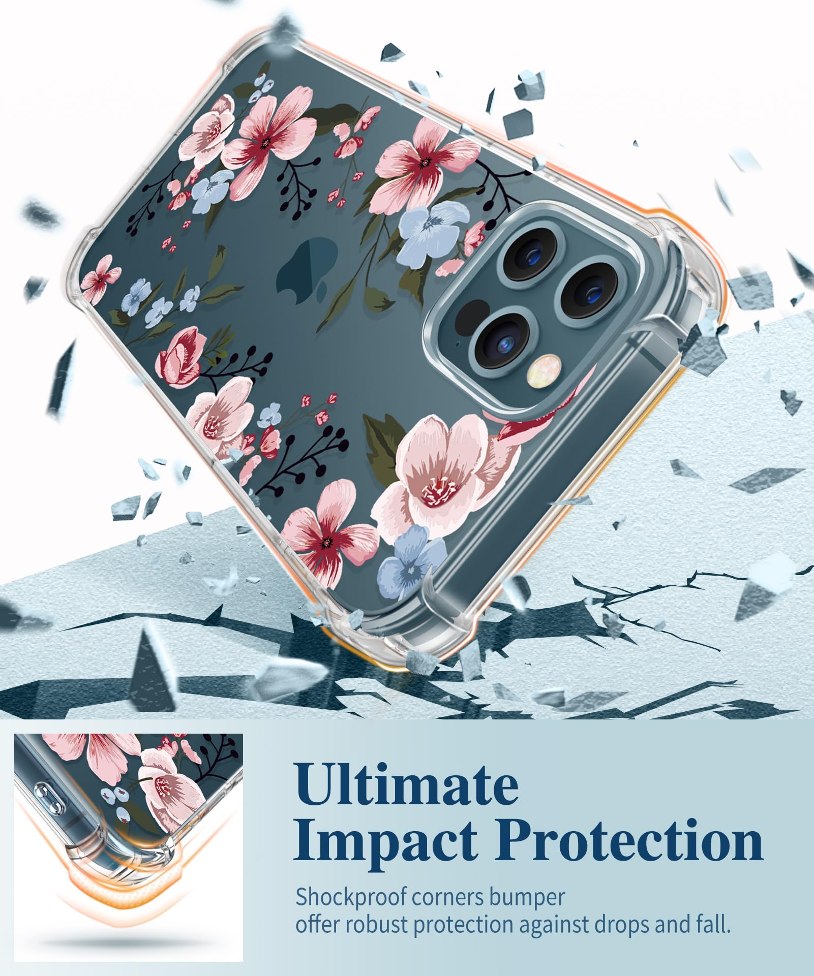 Gviewin For Iphone 12 Case And Iphone 12 Pro Case With Screen Protector + Camera Lens Protector, Clear Floral Flexible Tpu Shock