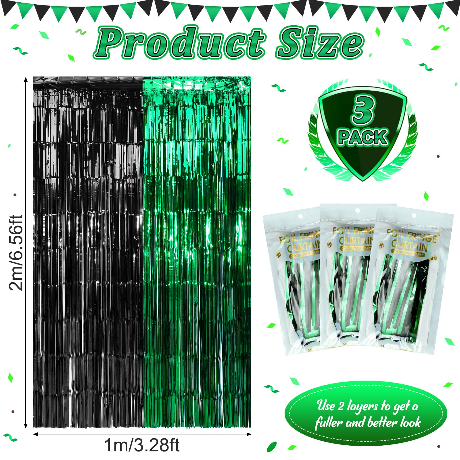 3Pack 3.3Ft X 6.6Ft Graduation Foil Fringe Curtain Backdrop Decorations, Green Black Metallic Tinsel Foil Streamers Curtain Phot