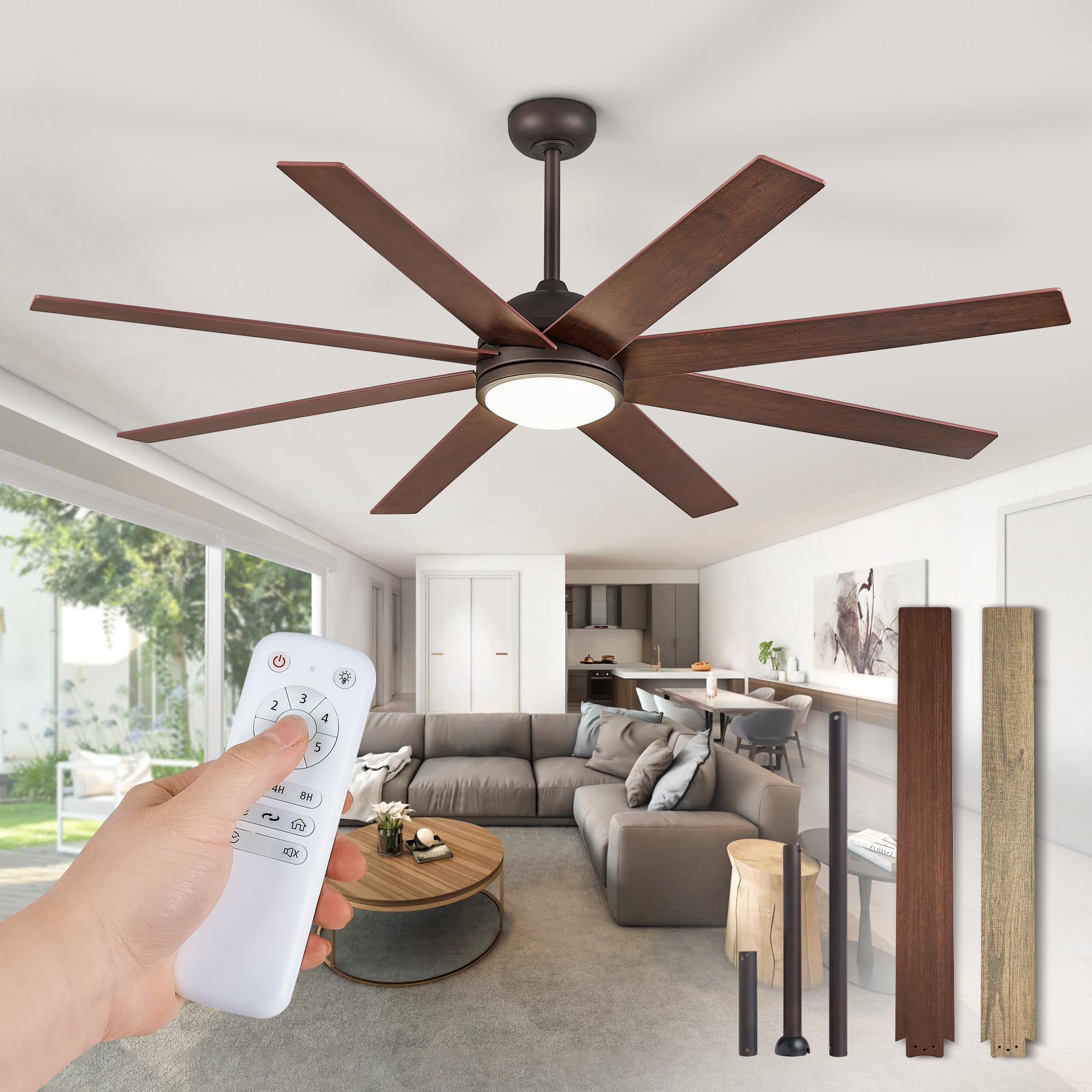 Fanbulous 65 Inch Ceiling Fans With Lights And Remote, Walnut Indoor/Outdoor Ceiling Fan With Quiet Reversible Dc Motor, 6 Speed