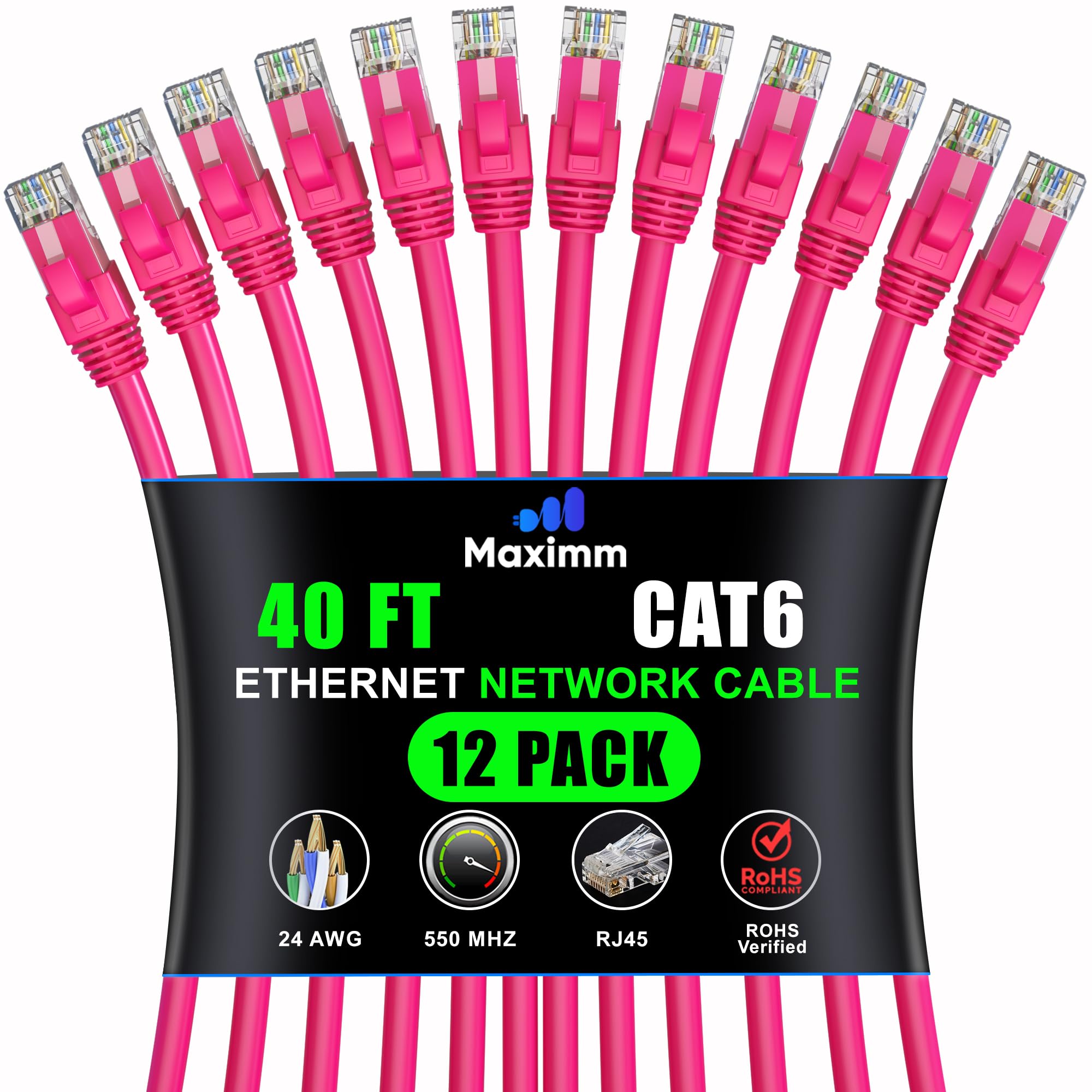 Maximm Cat 6 Ethernet Cable - 40 ft (12-Pack), High-Speed LAN, Internet, Patch, Network Cable - UTP, 10Gbps, 550MHz - Pink