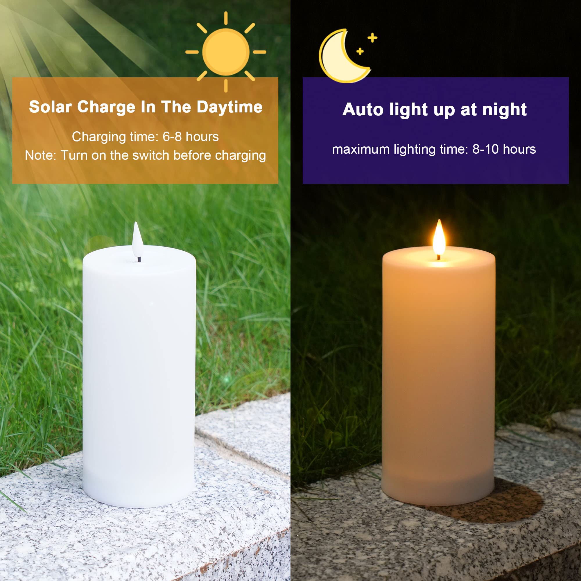 Viodaim Solar Candles Outdoor Waterproof: Flameless Flickering Pillar Led Candles Set Of 3 Dusk To Dawn Rechargeable Sensor Ligh
