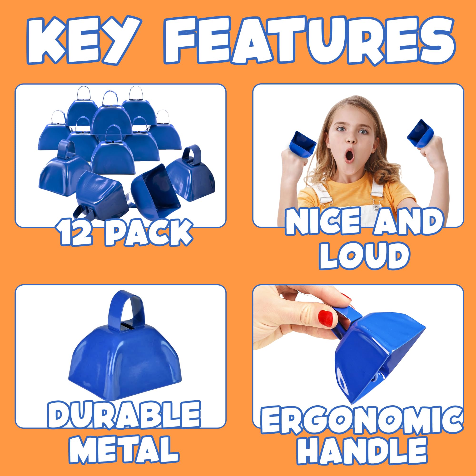 Metal Cowbells   12 Pack, 3 Inch Blue Cow Bells For Sporting Events, Cheering, Spirit, Loud Cow Bell Ideal Hand Percussion Cowbe