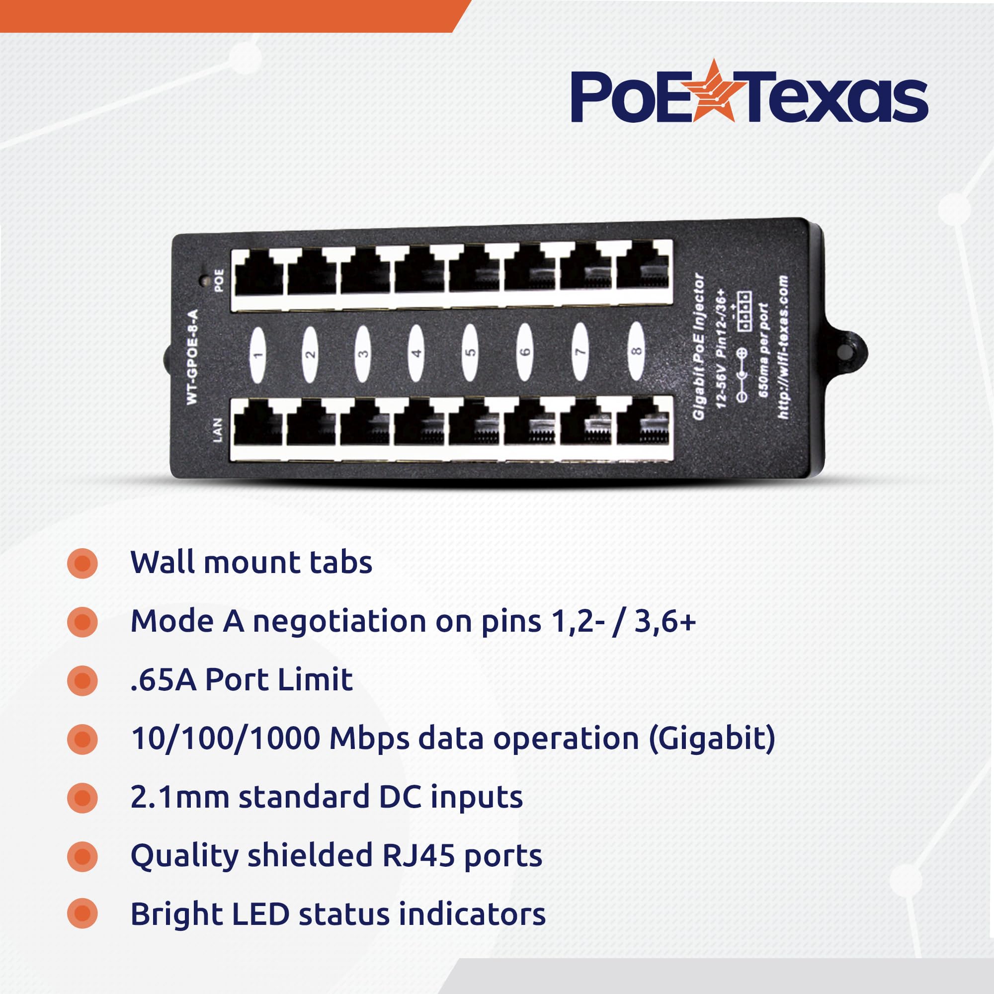 Poe Texas 8 Port Poe Injector   Gigabit Passive Power Over Ethernet Midspan   Front Wall Mount For Security Cameras, Ip Phones, Wifi Aps   Works With Non Poe Switch, Includes 48V 60W Power Supply