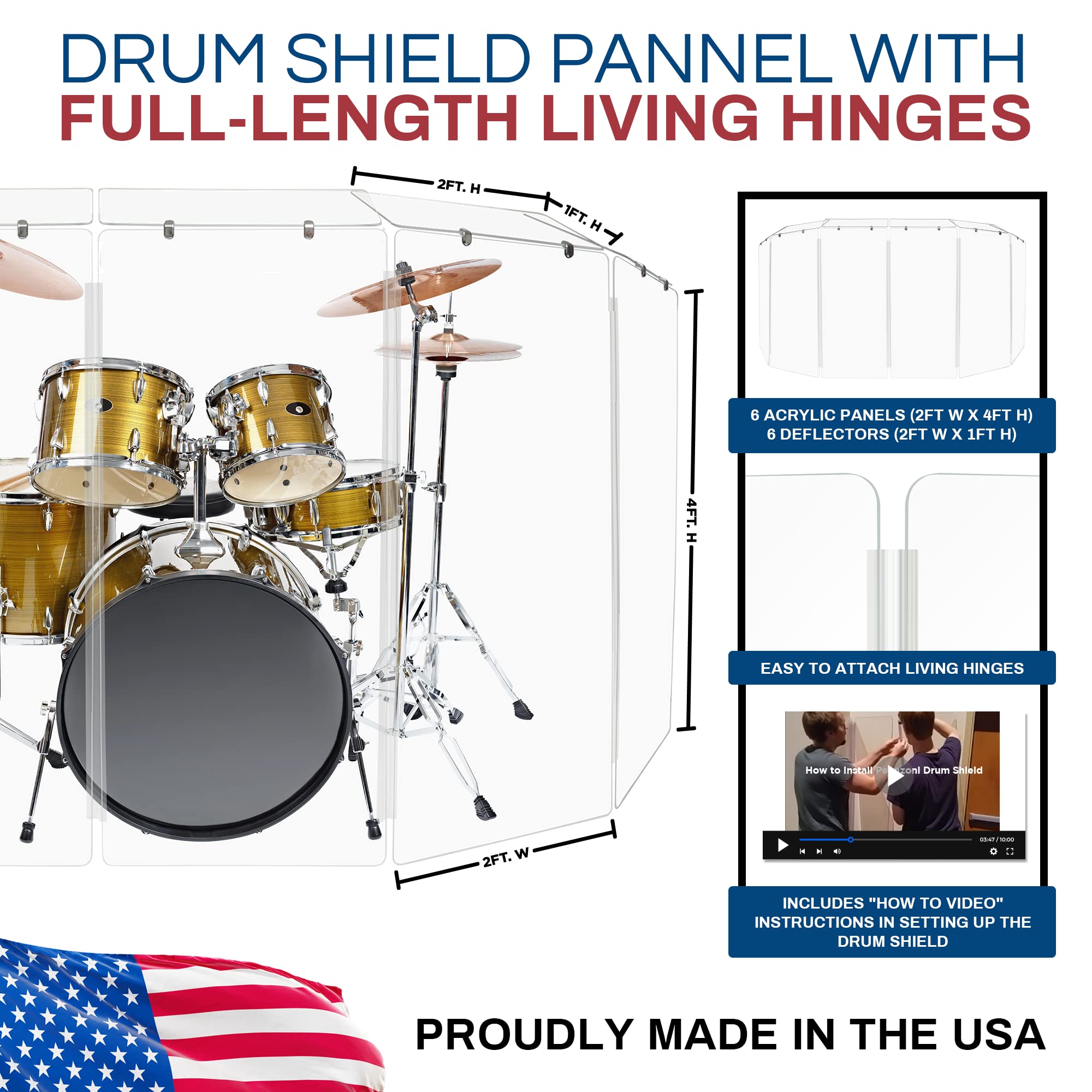 Pennzoni Drum Shield 4Ft W/Deflectors & Plastic Hinges, Comes W/ 5 Drum Panels, Plastic Hinges & Deflectors Connectors, Premium