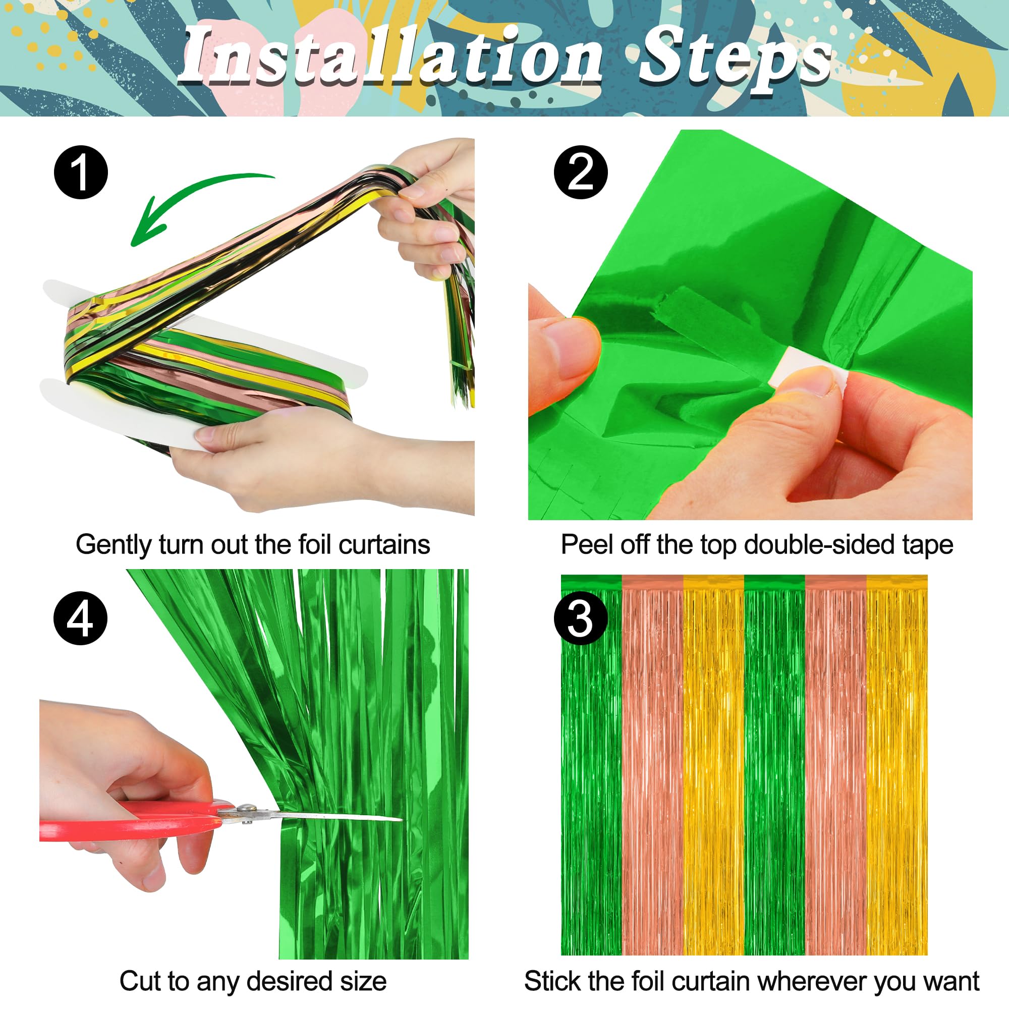 12 Pack Hawaiian Party Decorations, 3.28 Ft X 7.05 Ft Luau Party Decorations, Green Brown Yellow Backdrop Fringe Curtains Foil S