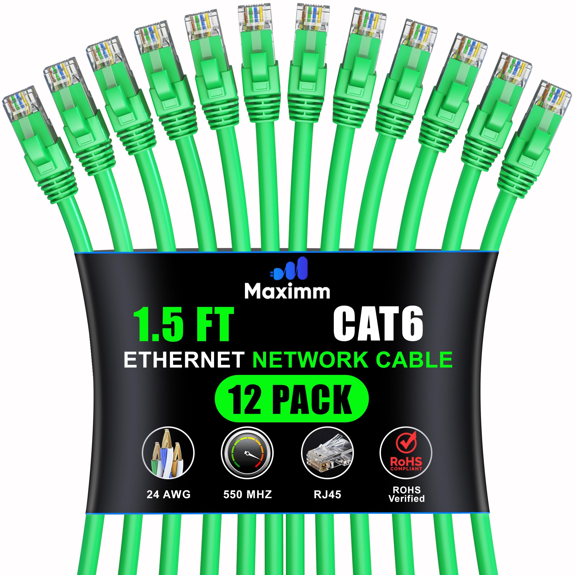 Maximm Cat 6 Ethernet Cable 1.5 Ft (12 Pack)   High Speed Lan Cable, Internet Cable, Patch Cable, And Network Cable   Utp, 10Gbps, 550Mhz Ethernet Cord   Green