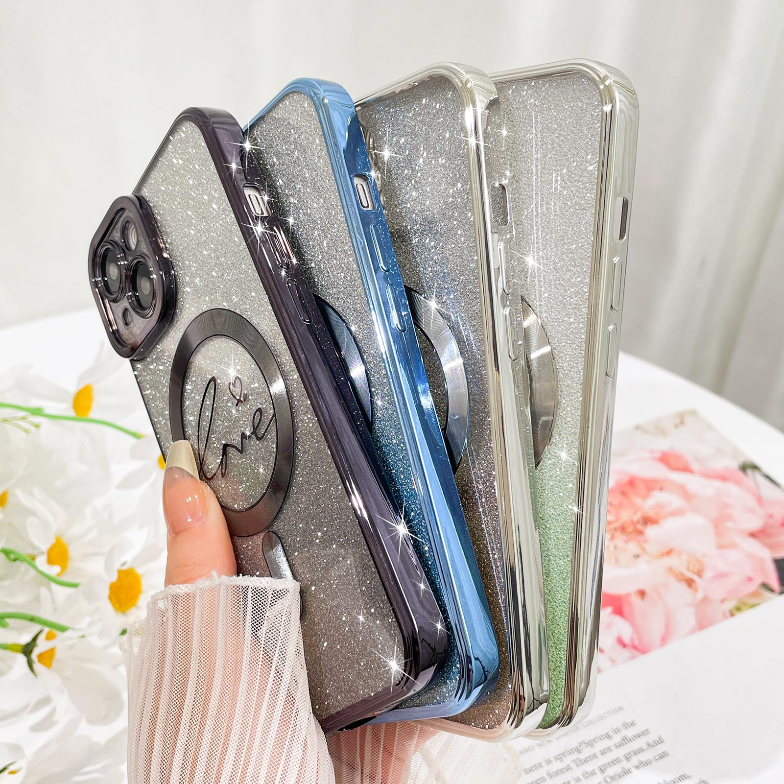 Fiyart Designed For Iphone 14 Case,Compatible With Magsafe Love Heart Plating Camera Protection Clear Phone Case, Magnetic Glitt