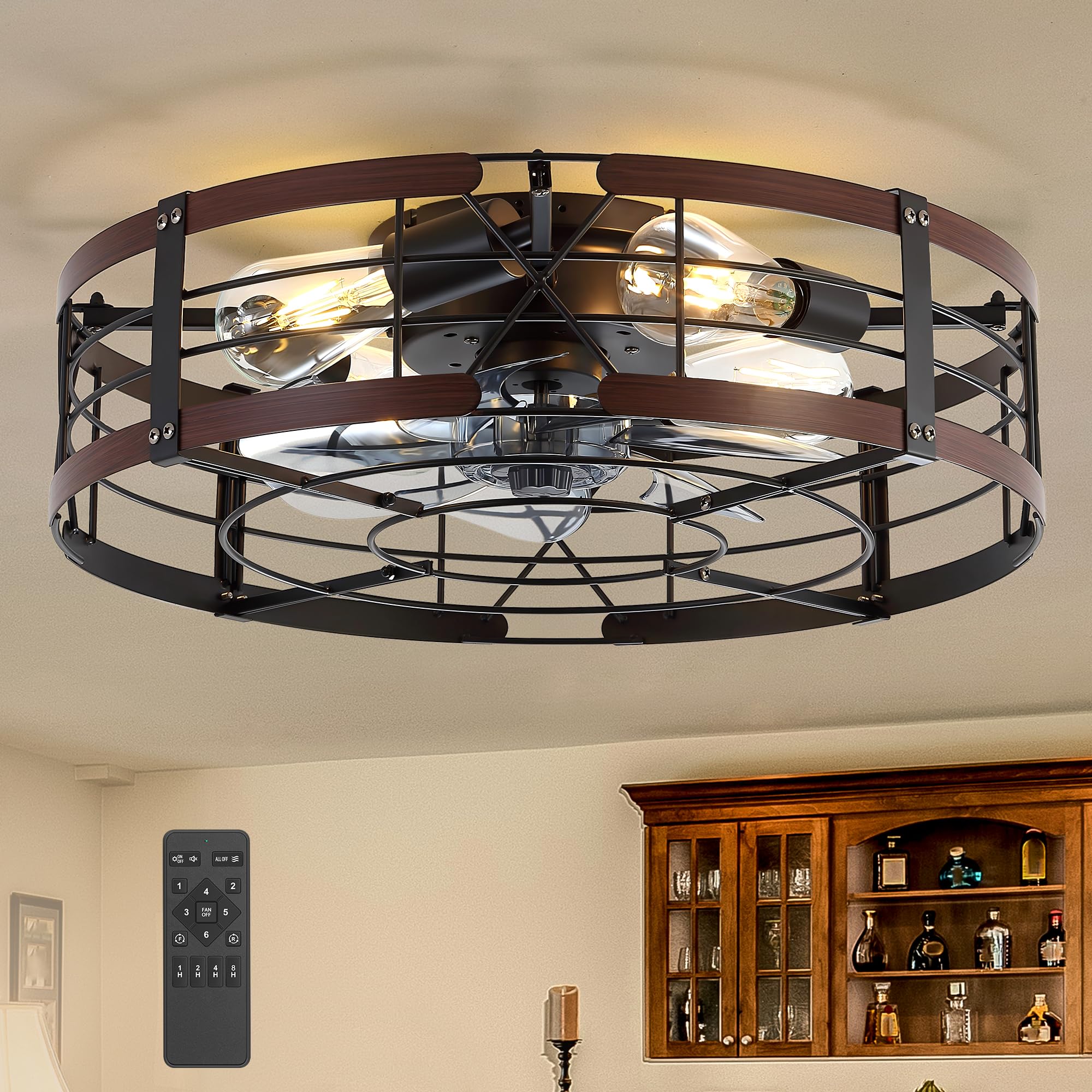 ZYD 20 Caged Ceiling Fan with Light, Farmhouse Cieling Fan with Quiet DC Motor, Rustic Metal Cage with Wood Grain Accent, Ideal 