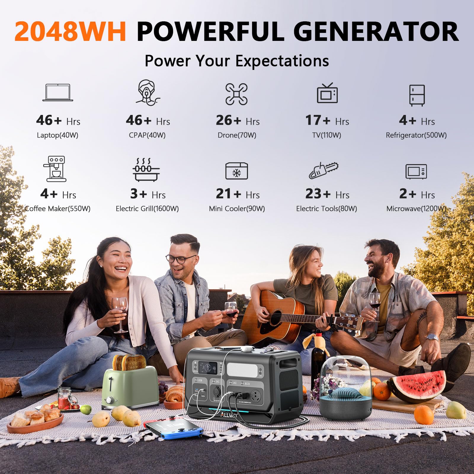Allwei Lifepo4 Portable Power Station 2400W, 2048Wh Solar Generator With Ups Mode, 1.5Hrs Fast Charge, 4 Ac Outlet(Surge 4800W),