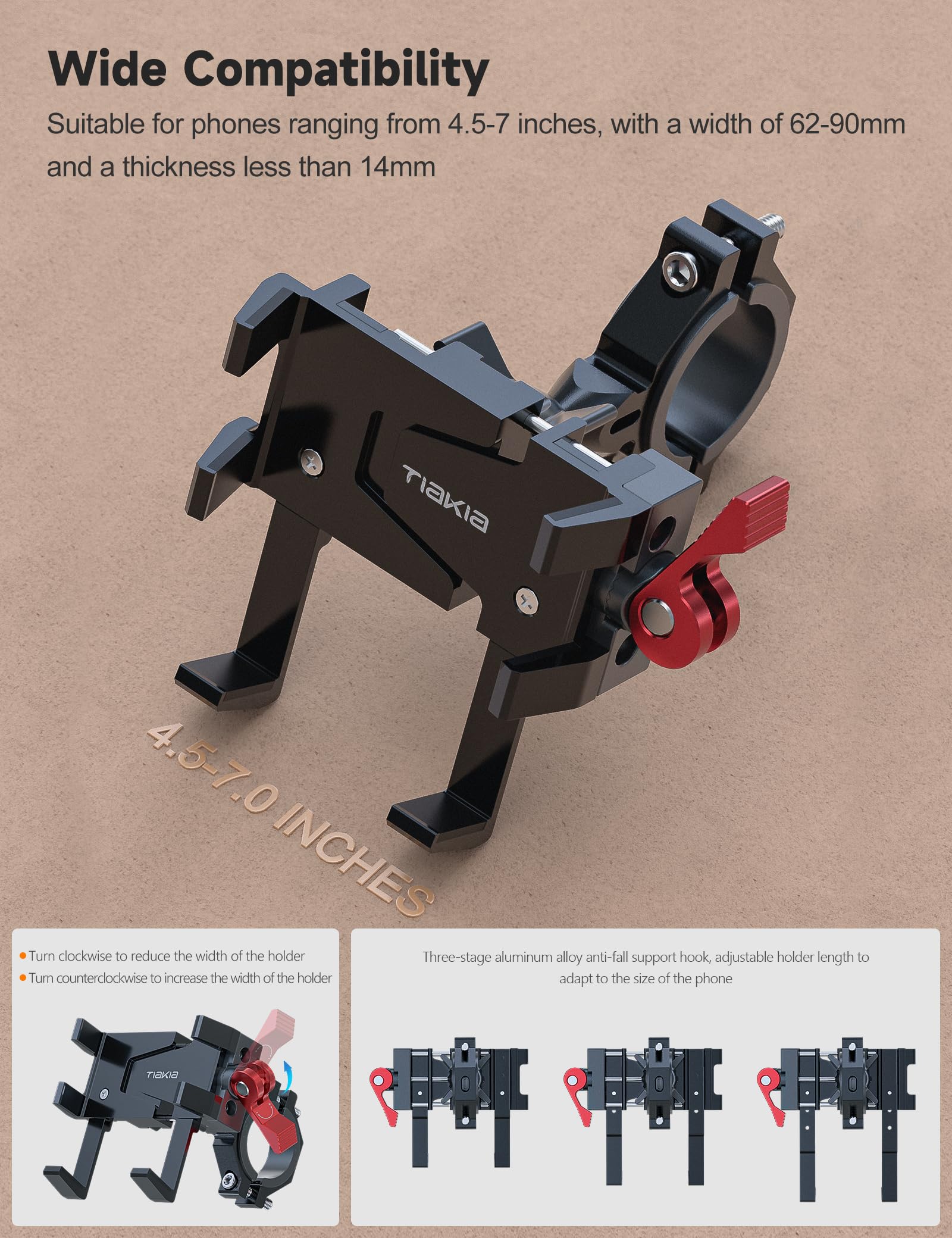 Tiakia Aluminum Bike Phone Mount Holder, [2024 Upgrade] Motorcycle Phone Mount, [1S Lock] Handlebar Mounted Cell Phone Holder, 3