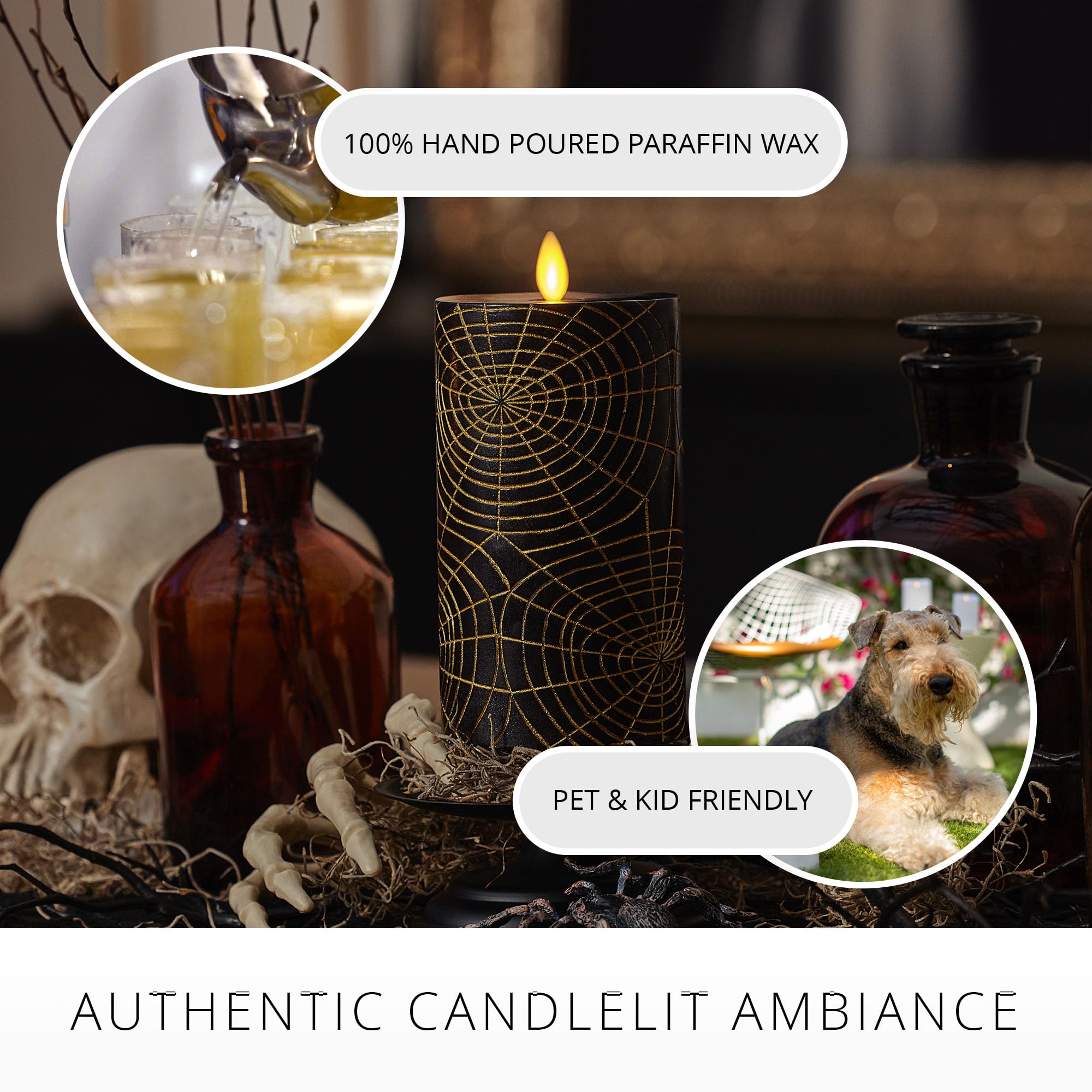 Luminara Black And Gold Spider Web Flameless Led Candle, Flat Top Moving Flame Pillar, Real Unscented Wax And Timer (3'' X 6.5''