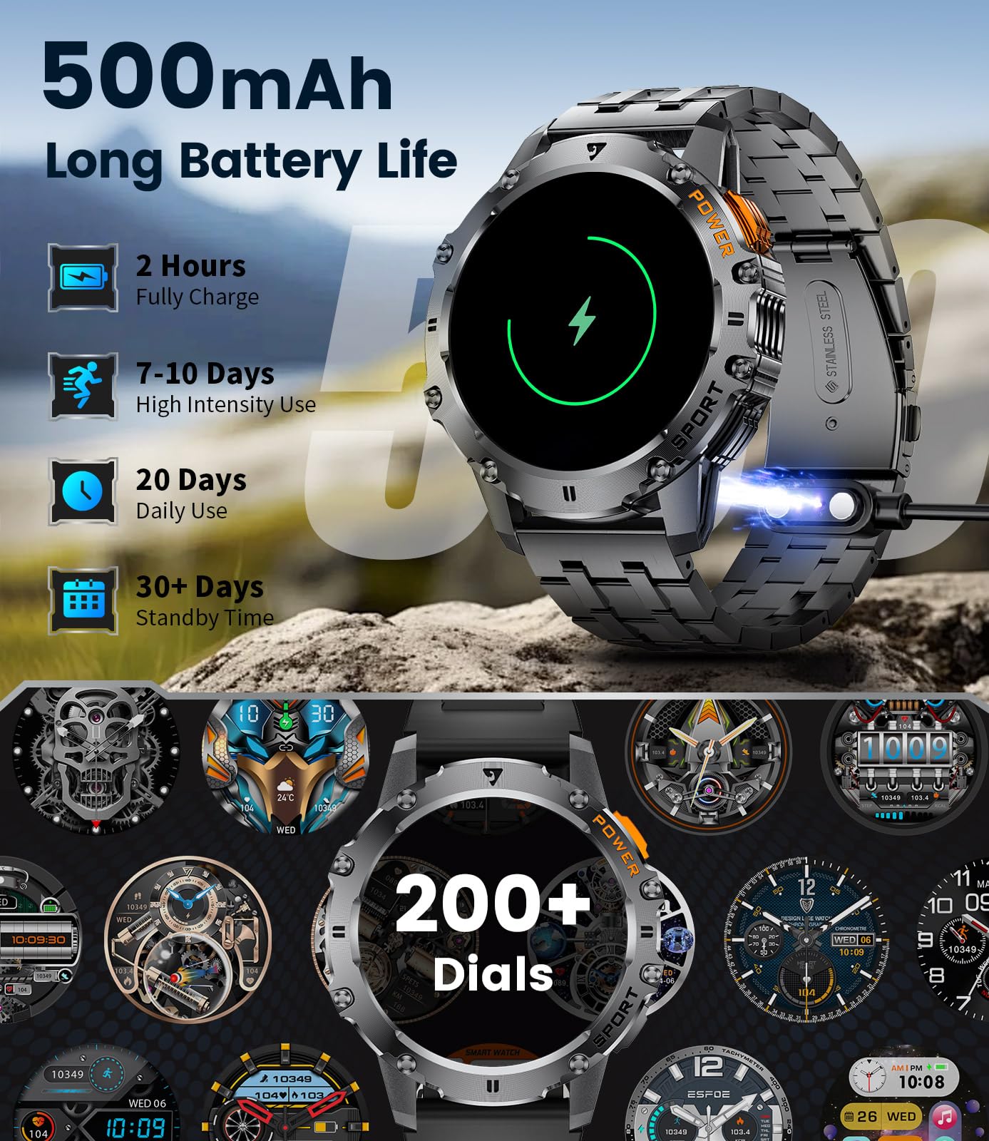 Esfoe Military Smart Watch For Men With Flashlight/5Atm Waterproof,1.43 ' ' Amoled Tactical Smartwatch With 500Mah Battery,110+