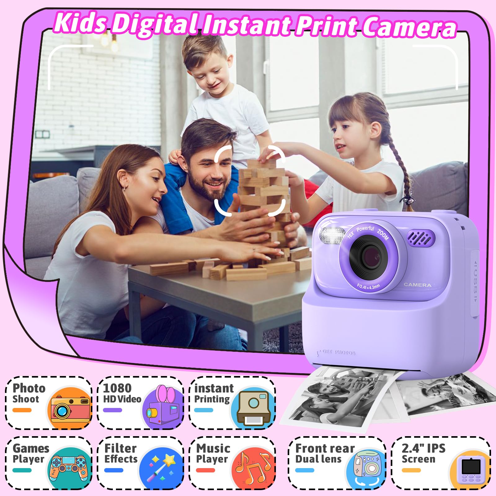 Upgrade Kids Camera Instant Print For Boys And Girls, 1080P Hd Dual Lens Selfie Digital Camera With Print Paper & 32G Card, Chri