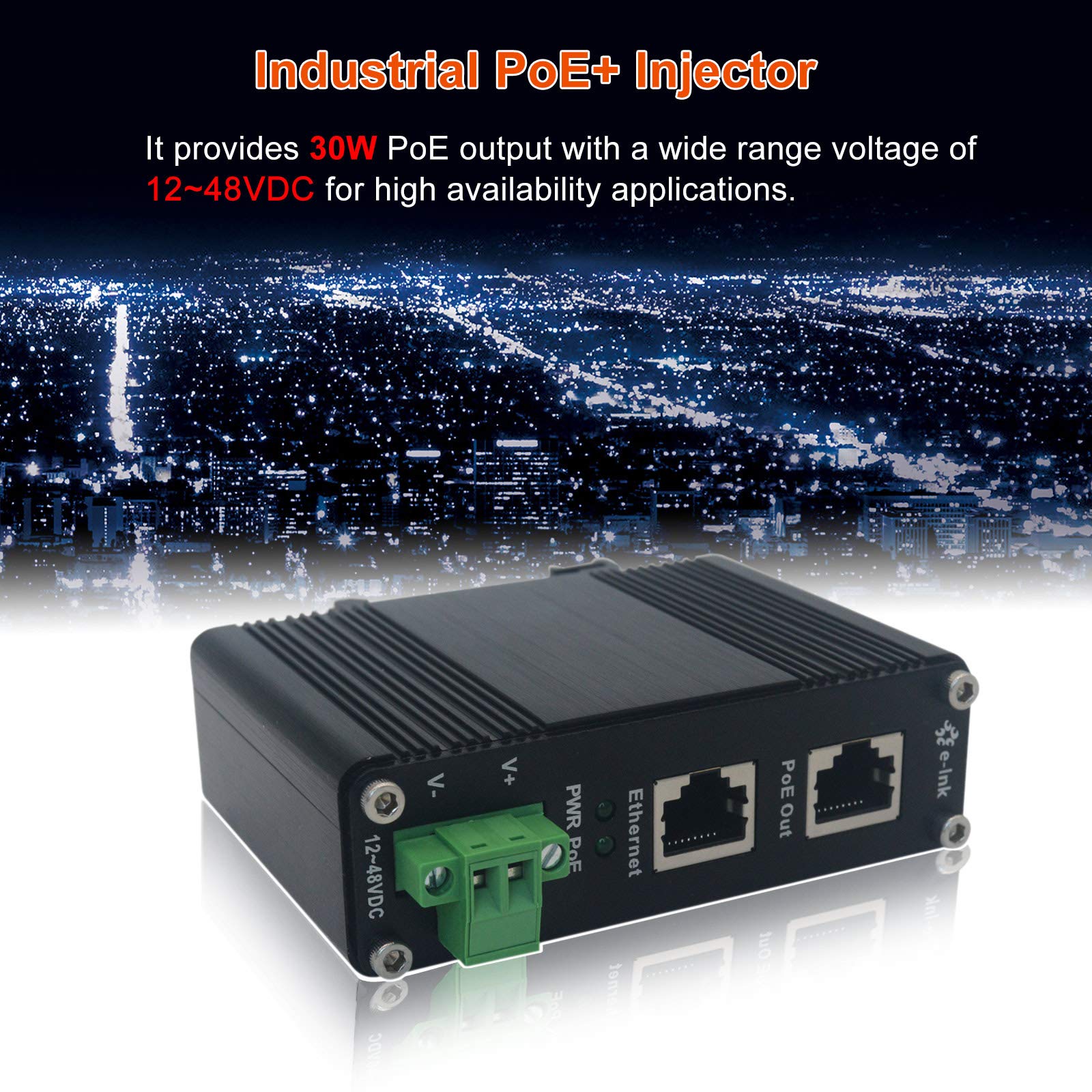 E Link Hardened Industrial Gigabit Poe+ Injector, 12~48V Input Poe+ Adapter, Ieee802.3Af/At 30W Output Up To 328Ft, Din Rail And