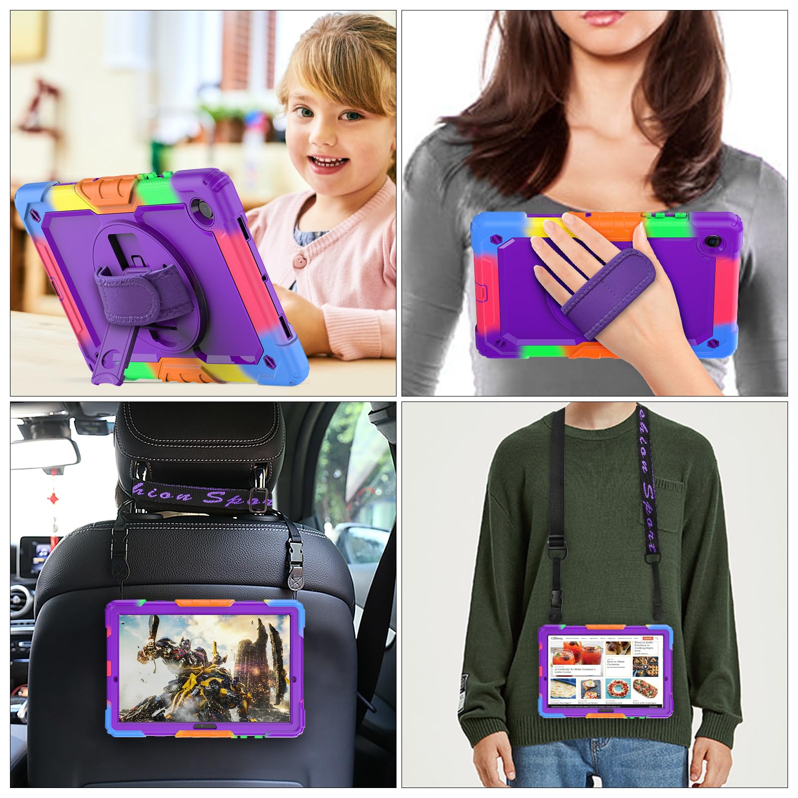 Seymac Stock 360 Hand Strap Shockproof Case For Samsung Galaxy Tab A8 10.5 Inch, Purple+Colorful