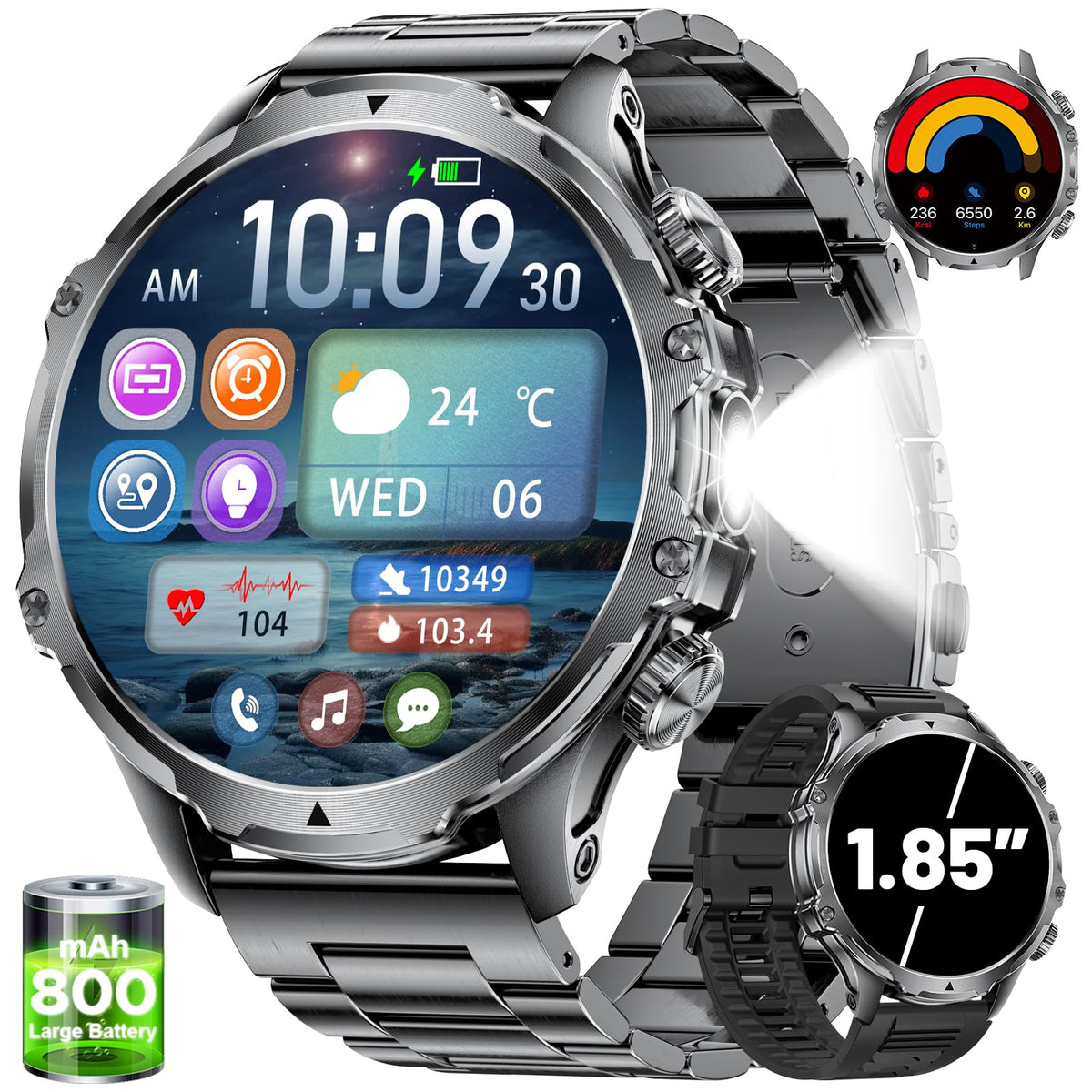 Military Smart Watch For Men,1.85 '' Hd/800Mah Battery Smart Watches With Led Flashlight For Android Ios (Bluetooth Call Answer/
