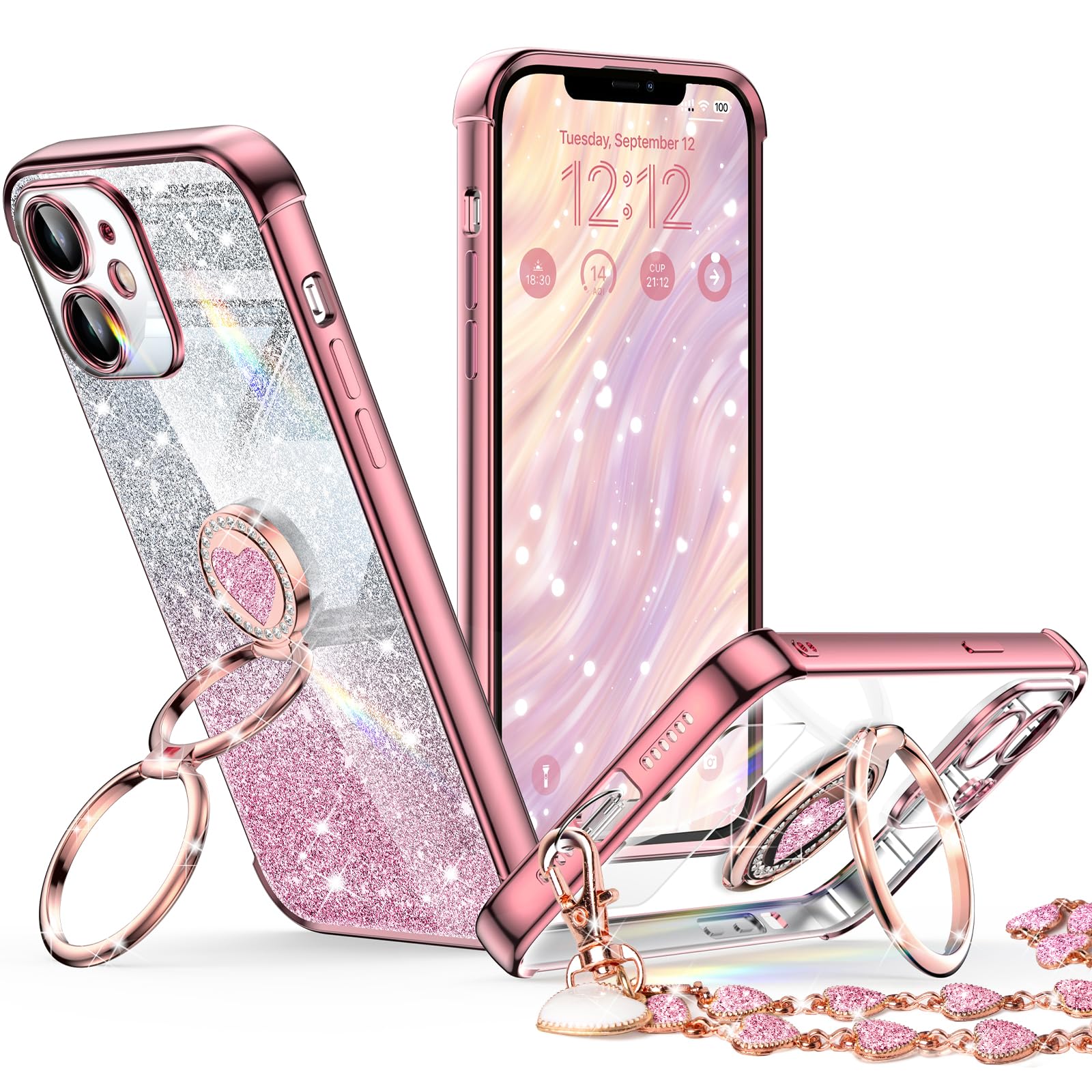 Xyz For Iphone 12 Case With Stand, Phone Case With Double Ring Kickstand, Women Girls Bling Luxury Glitter Clear Phone Case Cove