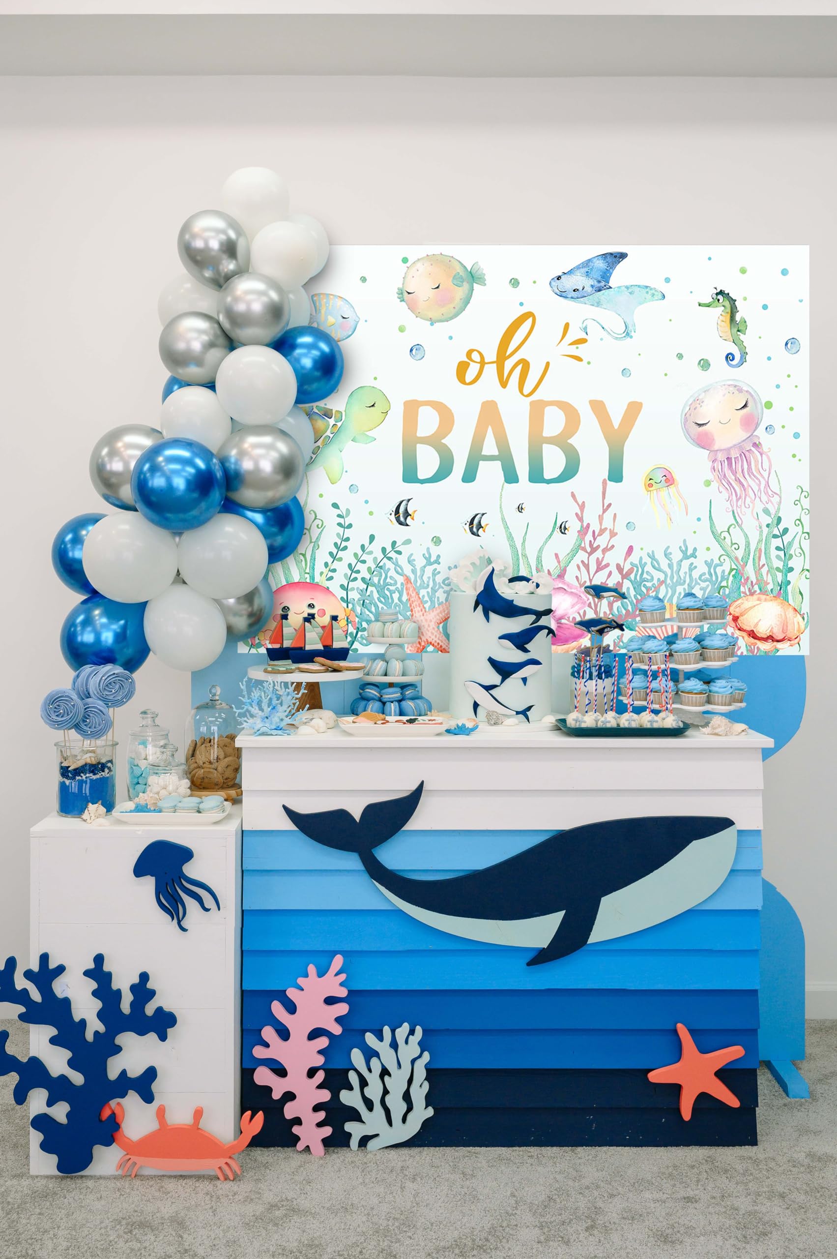 Avezano Ocean Sea Life 7X5Ft Baby Shower Backdrop, Cotton Material, Green, Underwater World Party Decorations