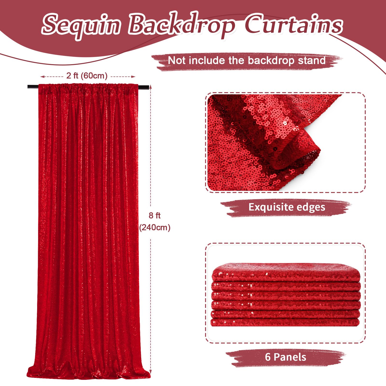 Sparkly Sequin Backdrop Curtains 6 Pcs 2Ftx8Ft Red Birthday Party Backdrop Sequence Sequin Drapes Fabric Christmas Decorations