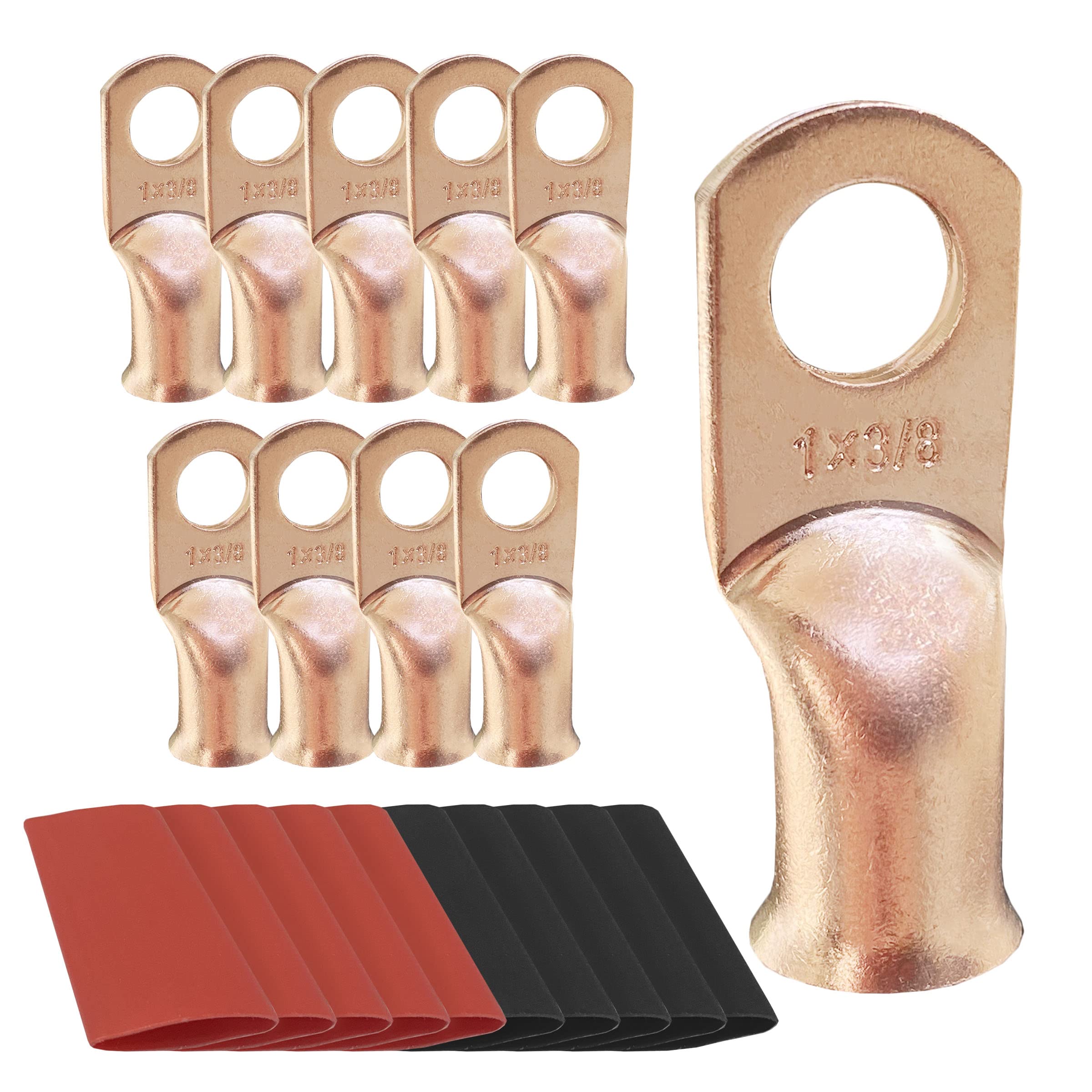 10Pcs 1 Awg 3/8 Ring Battery Lugs, Copper Lugs, Battery Cable Ends, Tubular Ring Terminals, Crimp Wire Ring Lugs, Battery Termin