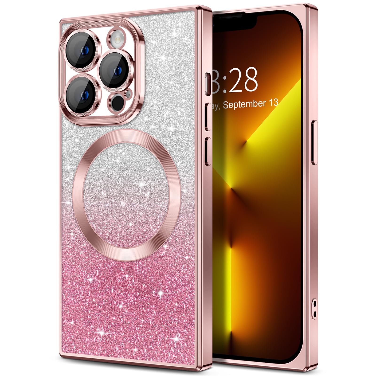 Hython For Iphone 13 Pro Case Clear Magnetic Glitter Phone Cases [Compatible With Magsafe] Full Camera Lens Protector Gradient S