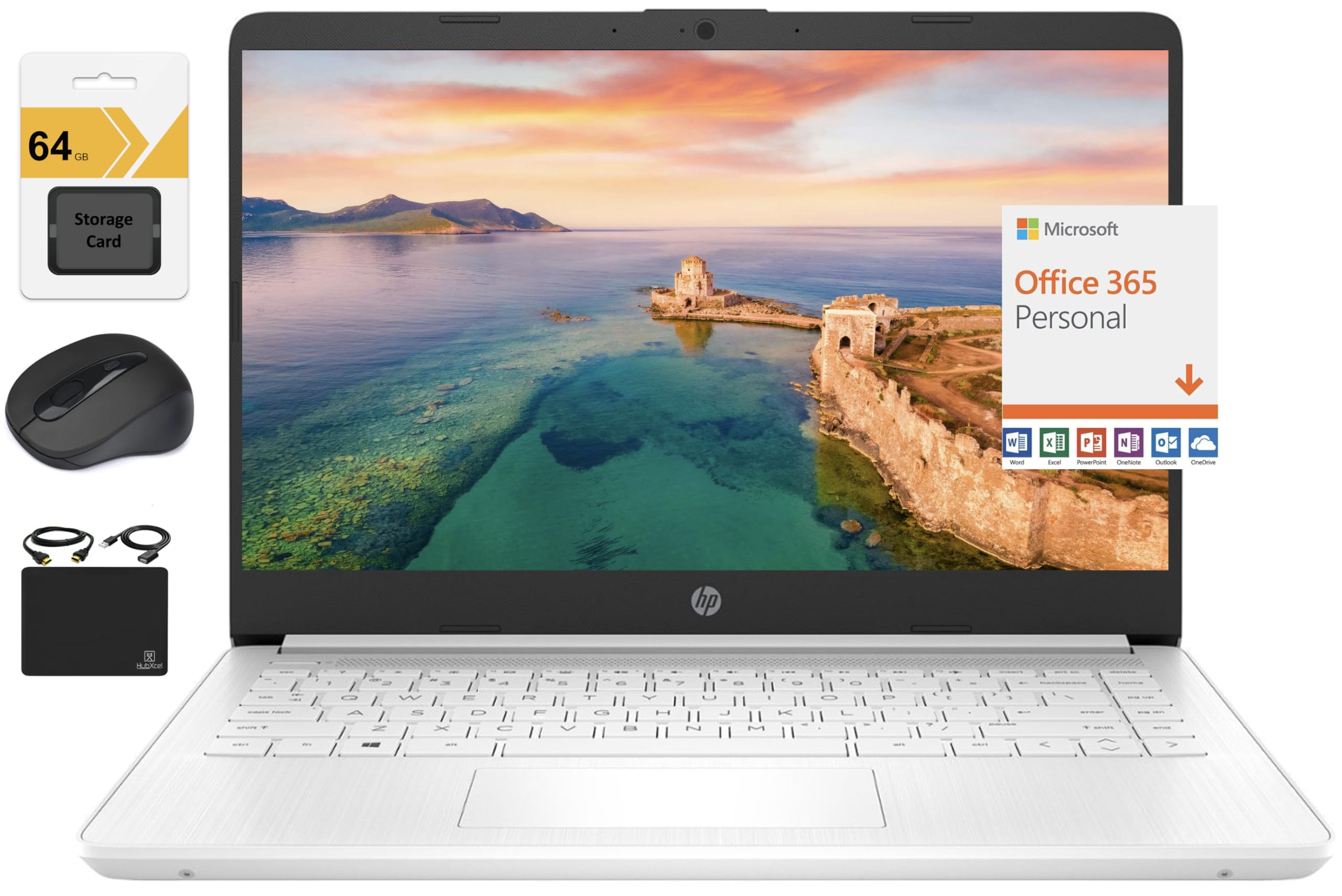 HP New 14 HD Ultral Light Thin Laptop, Quad-Core Intel Celeron Processor, 4GB RAM, 128GB (64GB eMMC+ 64GB SD), Wi-Fi, Upto 11 Ho