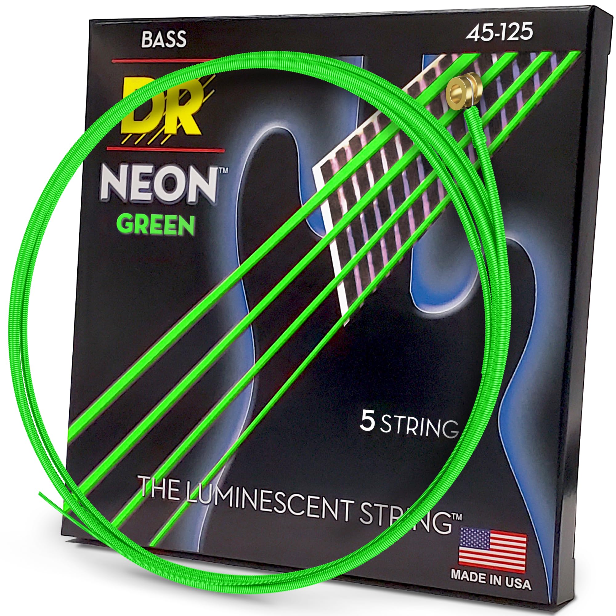 DR Strings NGB5-45 Hi-Def Neon Green K3 Coated Bass Guitar Strings - .045-.125 Medium 5-string