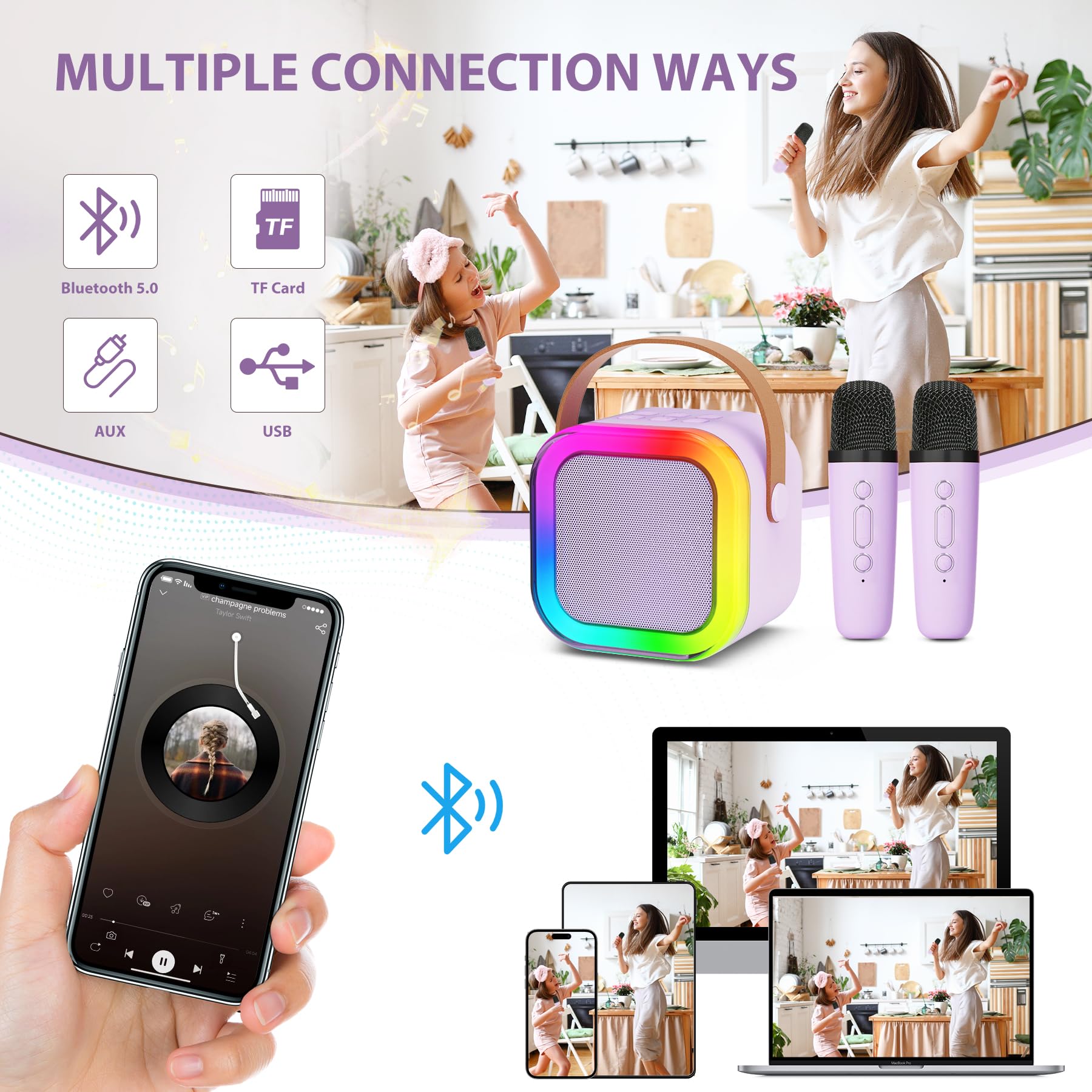 Fede Karaoke Machine For Kids Adults, Mini Karaoke Machine With 2 Wireless Microphones, Portable Bluetooth Speaker With Voice Ch