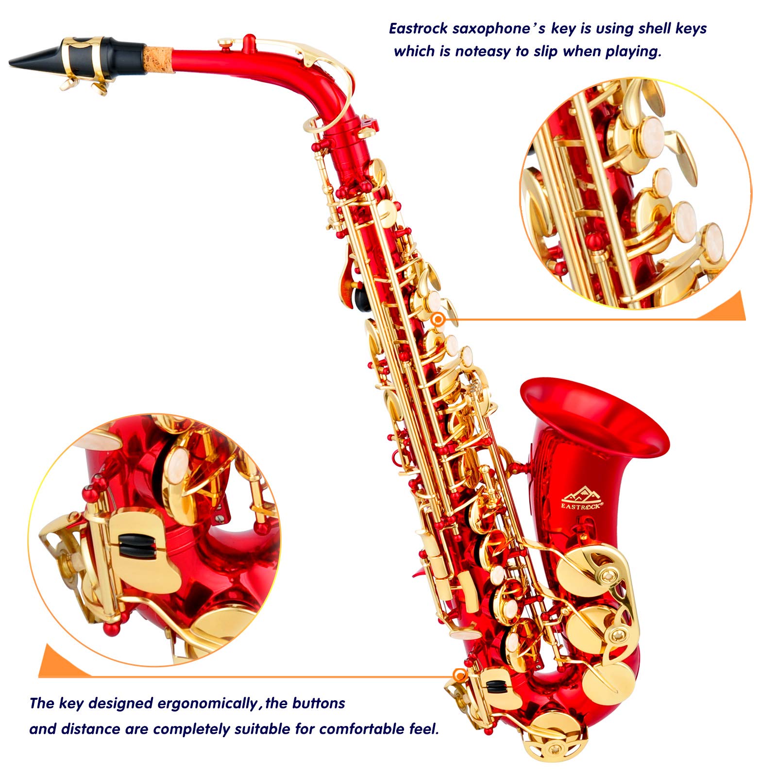 Eastrock Red/Golden Alto Saxophone E Flat Sax Full Kit For Students Beginner With Carrying Case,Mouthpiece,Mouthpiece Cushion Pa