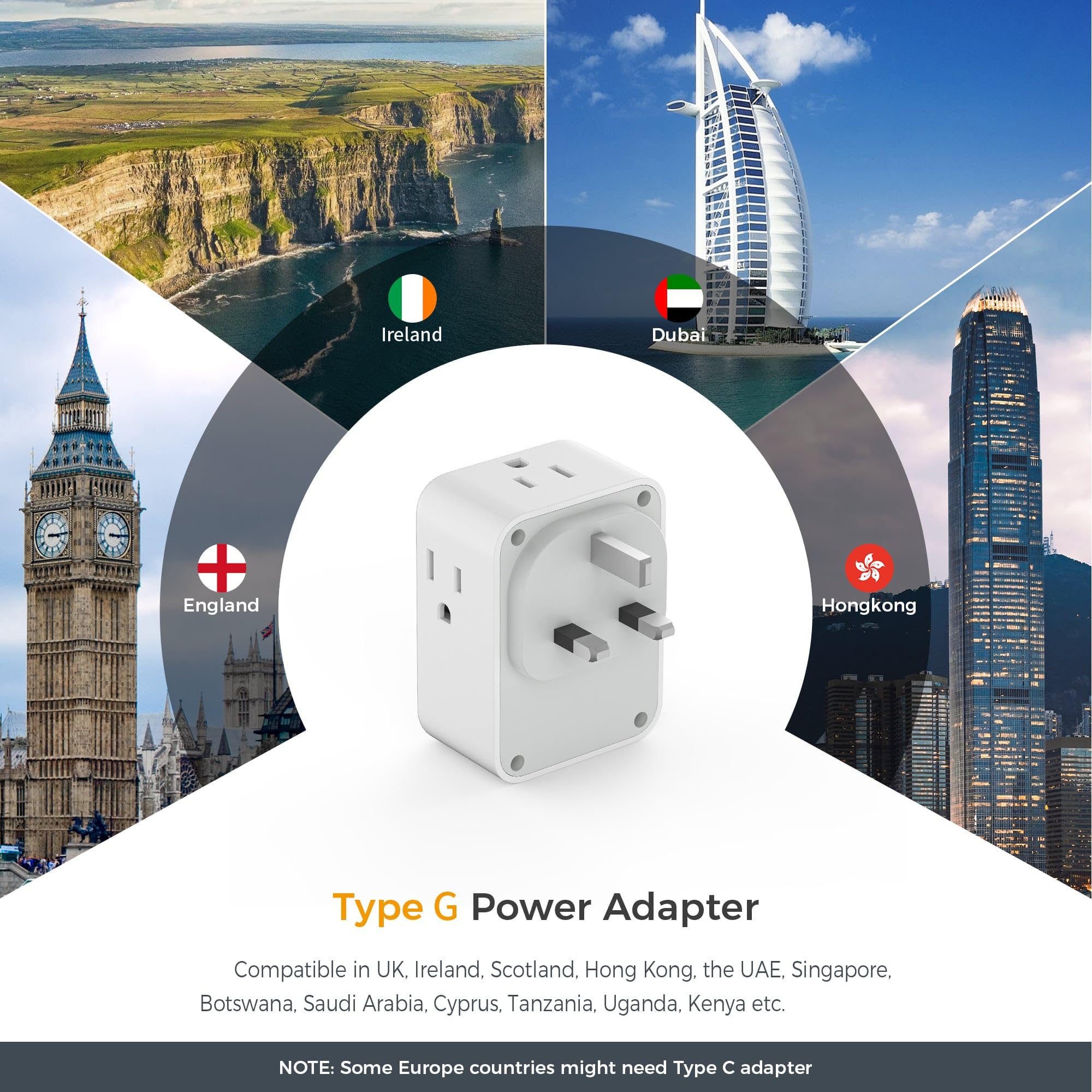 Uk Travel Plug Adapter 2 Pack, Tessan Us To Uk Power Adaptor With 4 Outlets 3 Usb Charger (1 Usb C Port), Type G Plug For Usa To