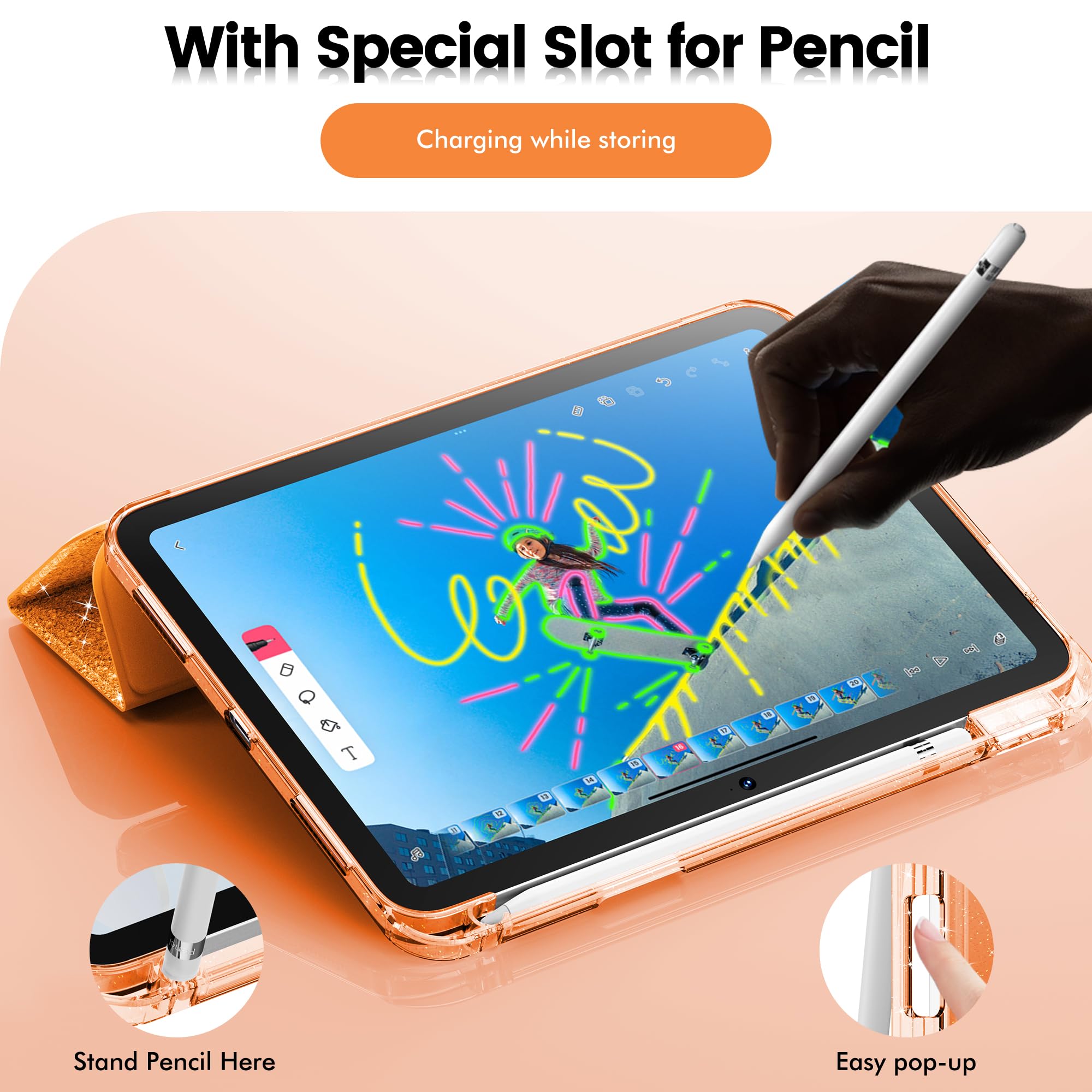 Infiland Compatible With Ipad 10Th Generation Case, Ipad Case 10Th Generation 10.9 Inch, Glitter Leather Cover With Sparkly Crystal Clear Back, Pencil Holder, Anti Yellowing (Fiery Orange)