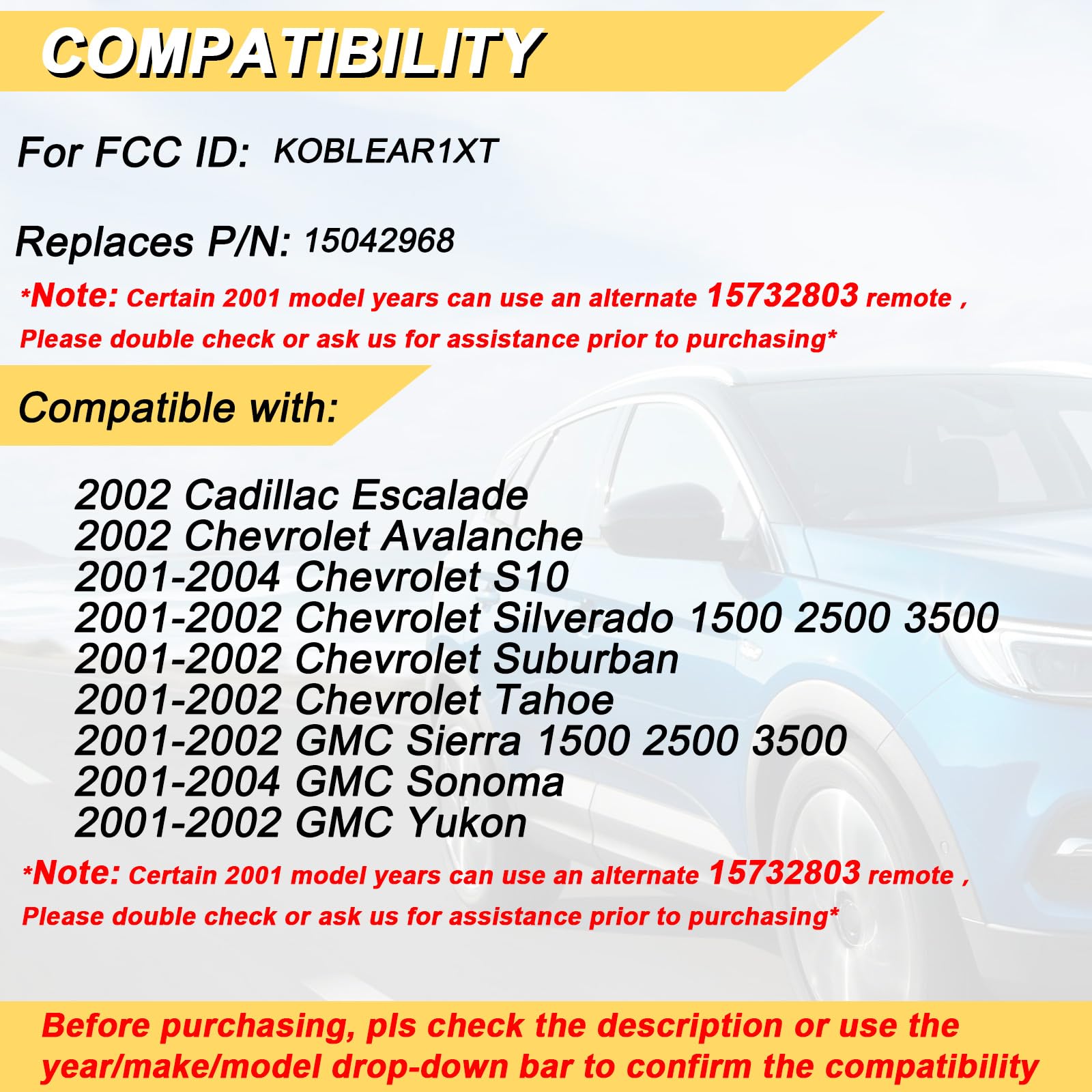 Vurkcy Key Fob Replacement For 2001-2002 Chevy Silverado Suburban Tahoe& Gmc Sierra Yukon/ 01-04 S10 Sonoma/ 2002 Avalanche& Esc