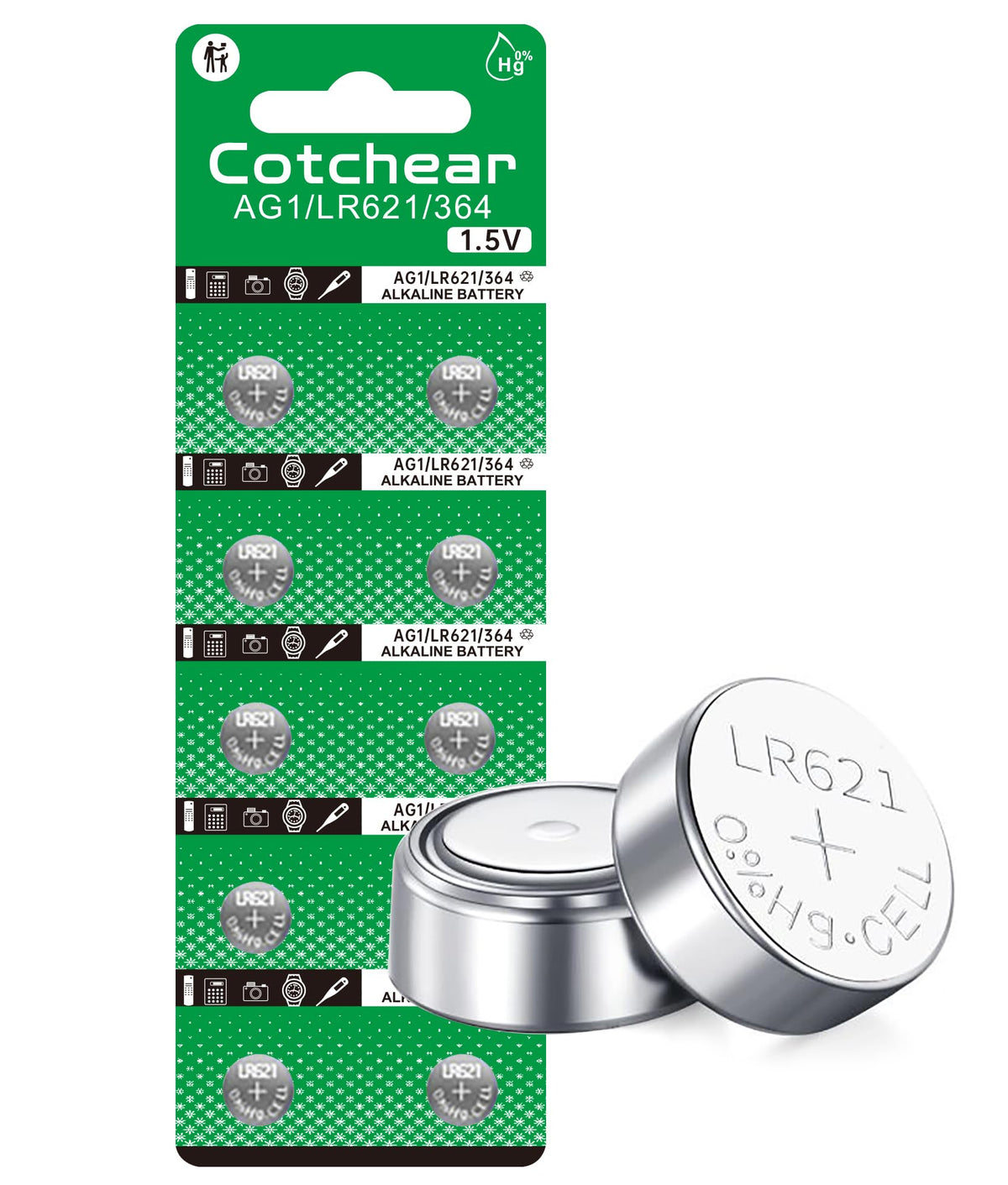 Cotchear 10Pcs Ag1 Battery Lr621 364 Watch Battery 1.55V 364 Sr621Sw Lr621 621 Lr60 Cx60 Alkaline Button Cell Batteries For Watc