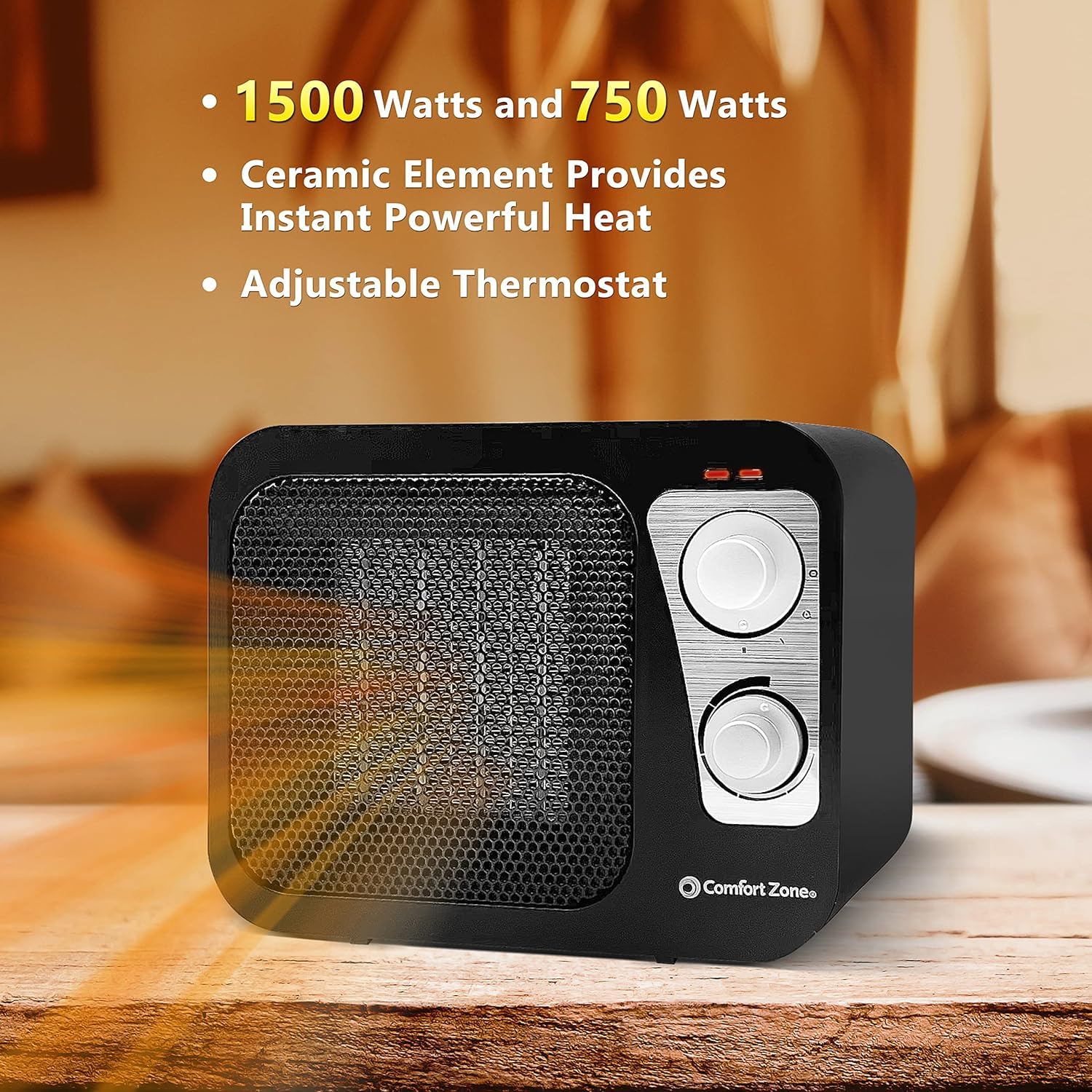 Comfort Zone Electric Retro Design Ceramic Space Heater, Adjustable Thermostat, 2 Heat Settings, Overheat Protection, Safety Tip