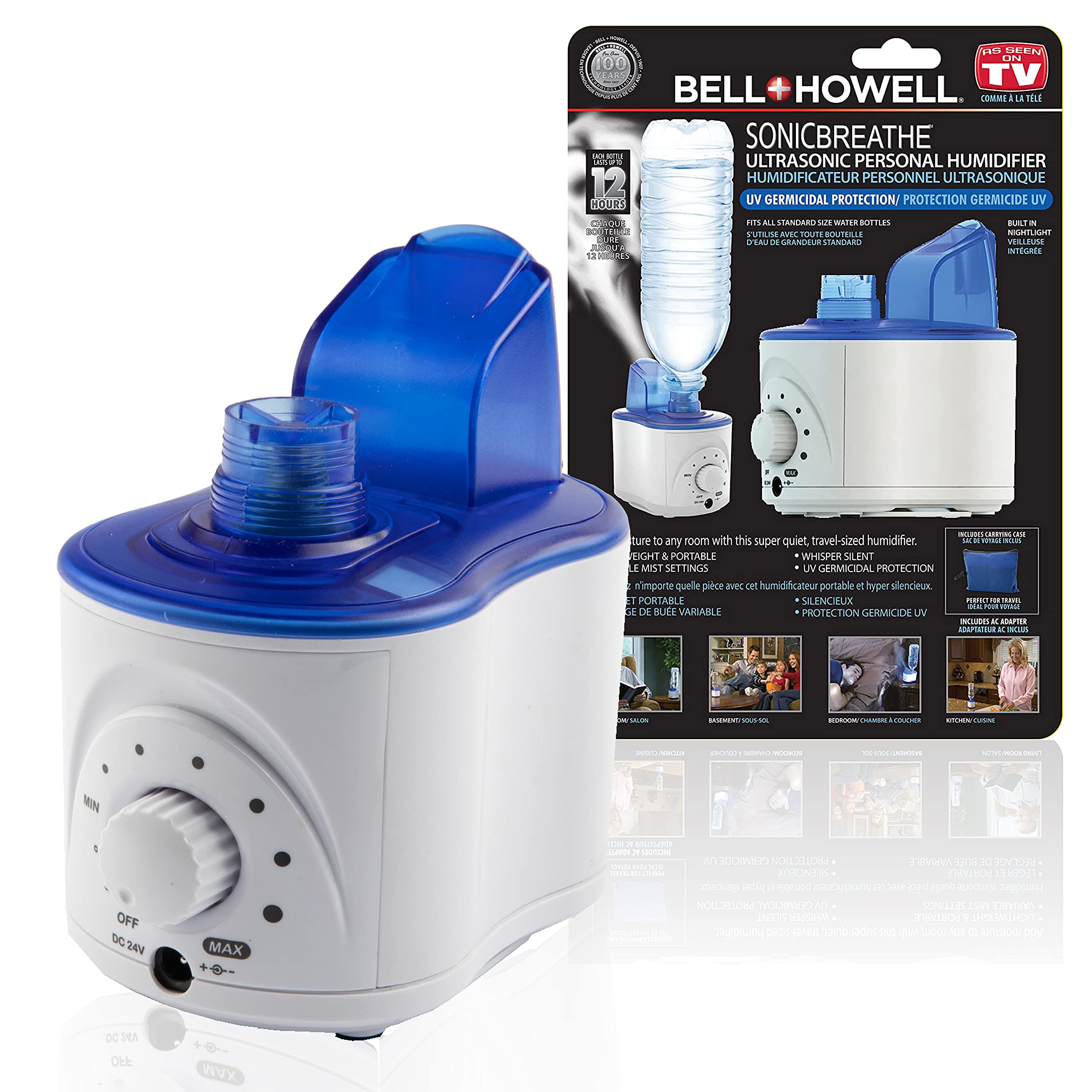 Bell+Howell Sonic Breathe Water Bottle Humidifier, Easy to Use Small Humidifier, No Leak Portable Humidifier, Mini Humidifier, T