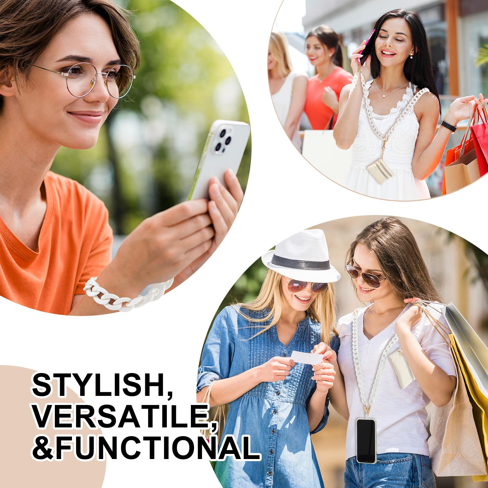 Bememo Clip And Go Strap For Phone With Wallet, Adjustable Crossbody Universal Phone Chains With Zippered Pouch For Women(White)