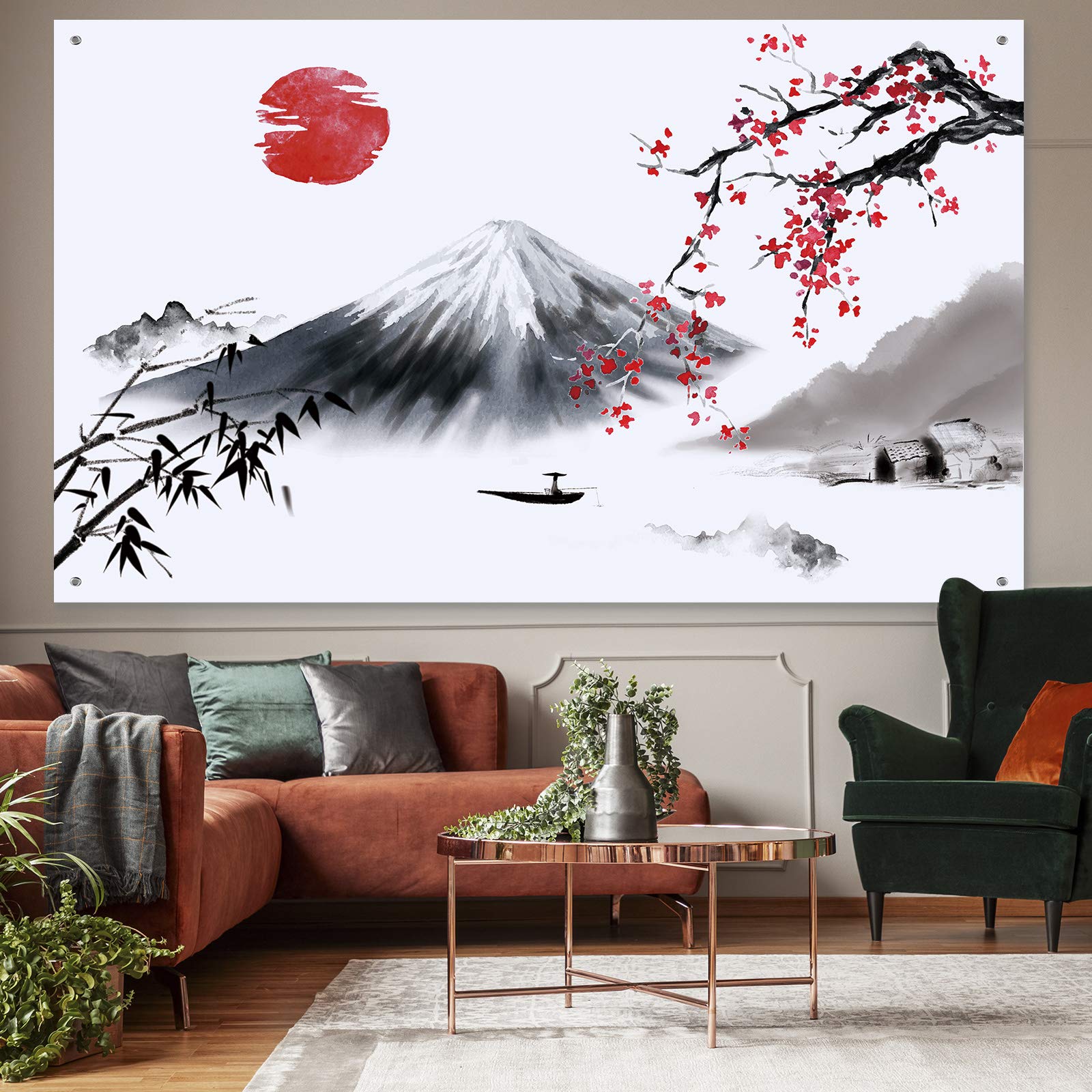 Japanese Wall Hanging Photo Banner Asian Mount Fuji Red Sun Backdrop Japanese Landscape Nature Background For Japanese Party Wal