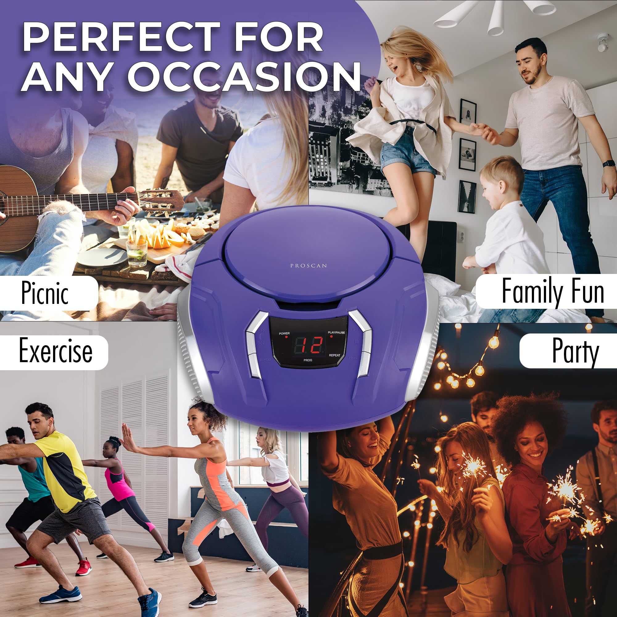 Proscan Elite Portable Cd Boombox With Am/Fm Radio, Auxiliary   Purple