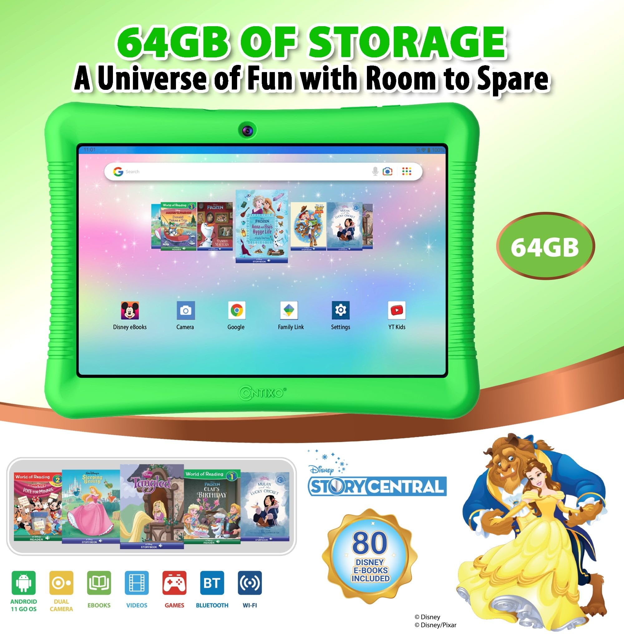 Contixo 10' Android Kids Tablet 64Gb Bundle, Includes 80+ Disney Storybooks & Stickers (Value $350), Kid Proof Case With Kickstand & Stylus, Headphone, Sleeve Bag (2023 Model) (Green)