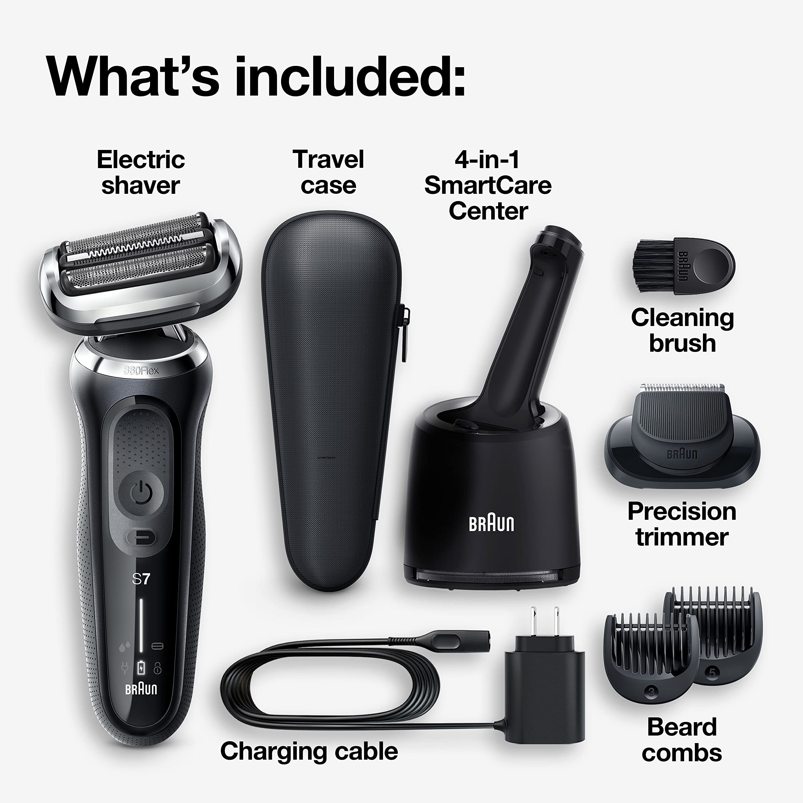 Braun Series 7 7075Cc Electric Razor For Men With Smartcare Center, Beard Trimmer, Wet & Dry, Rechargeable, Cordless Foil Shaver, Black