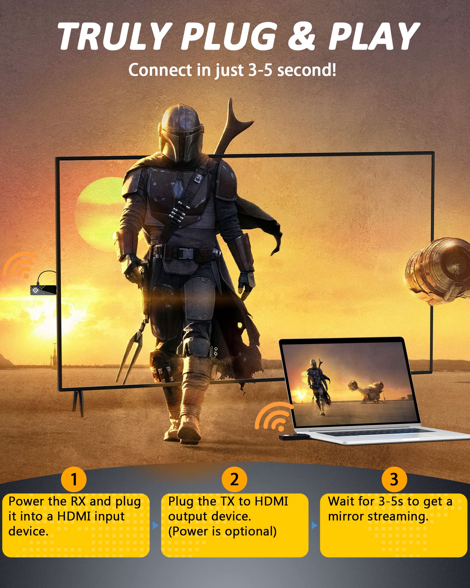 Mpiolife Wireless Hdmi Transmitter And Receiver, 165Ft/50M Long Distance Transmission, Hdmi Wireless Display Adapter, Truly Plug&Play For Streaming Video/Audio From Laptop/Pc To Tv/Projector/Monitor