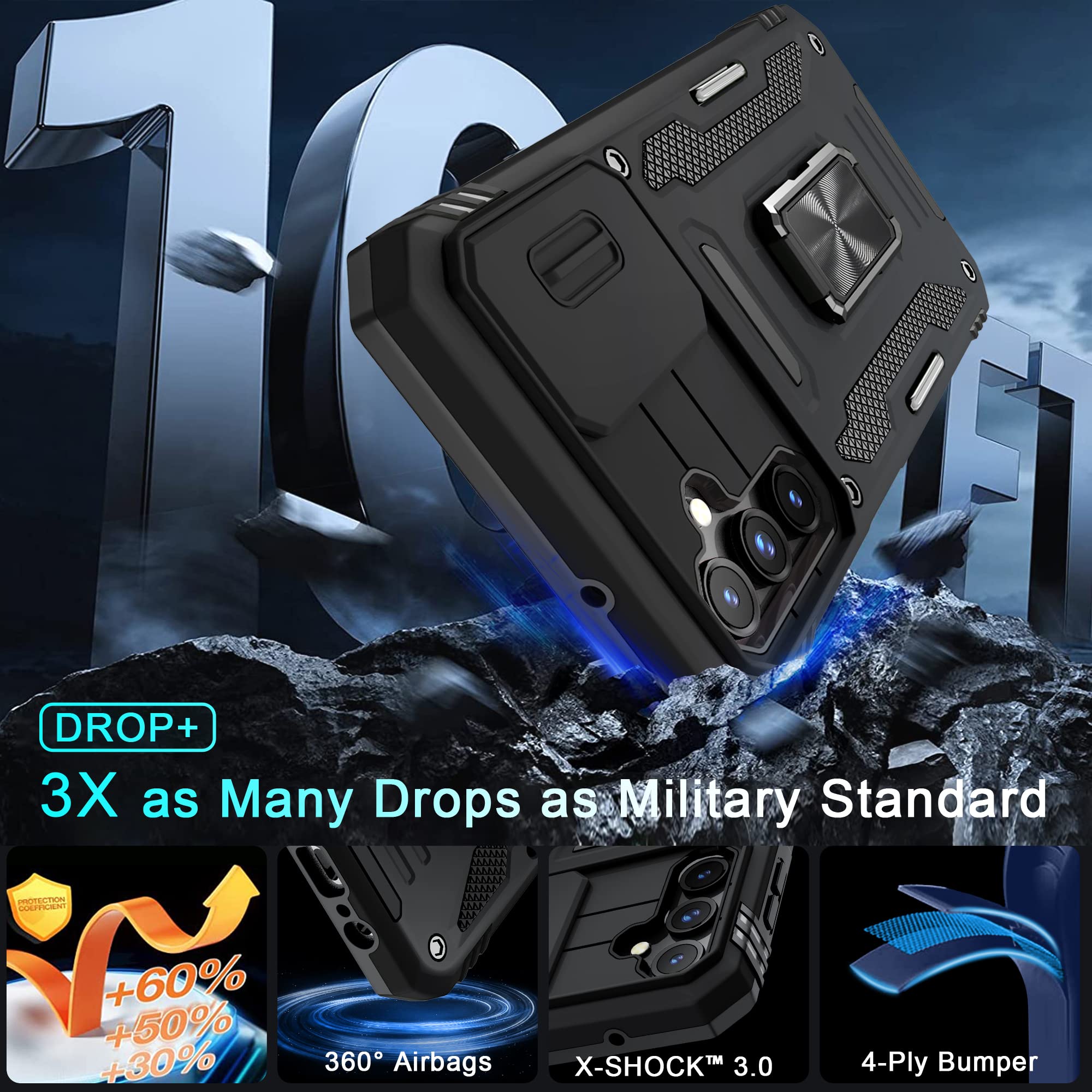 Deerlamn Case For Samsung Galaxy A14 5G With Slide Camera Cover+Screen Protector(2 Packs),Rotated Ring Kickstand Military Grade