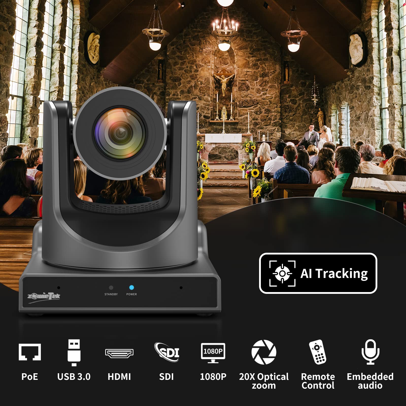 Zowietek New Gen Ptz Camera Poe | Ai Tracking | 20X Optical Zoom | Simultaneous Sdi,Hdmi And Usb Outputs | Ip Live Streaming For