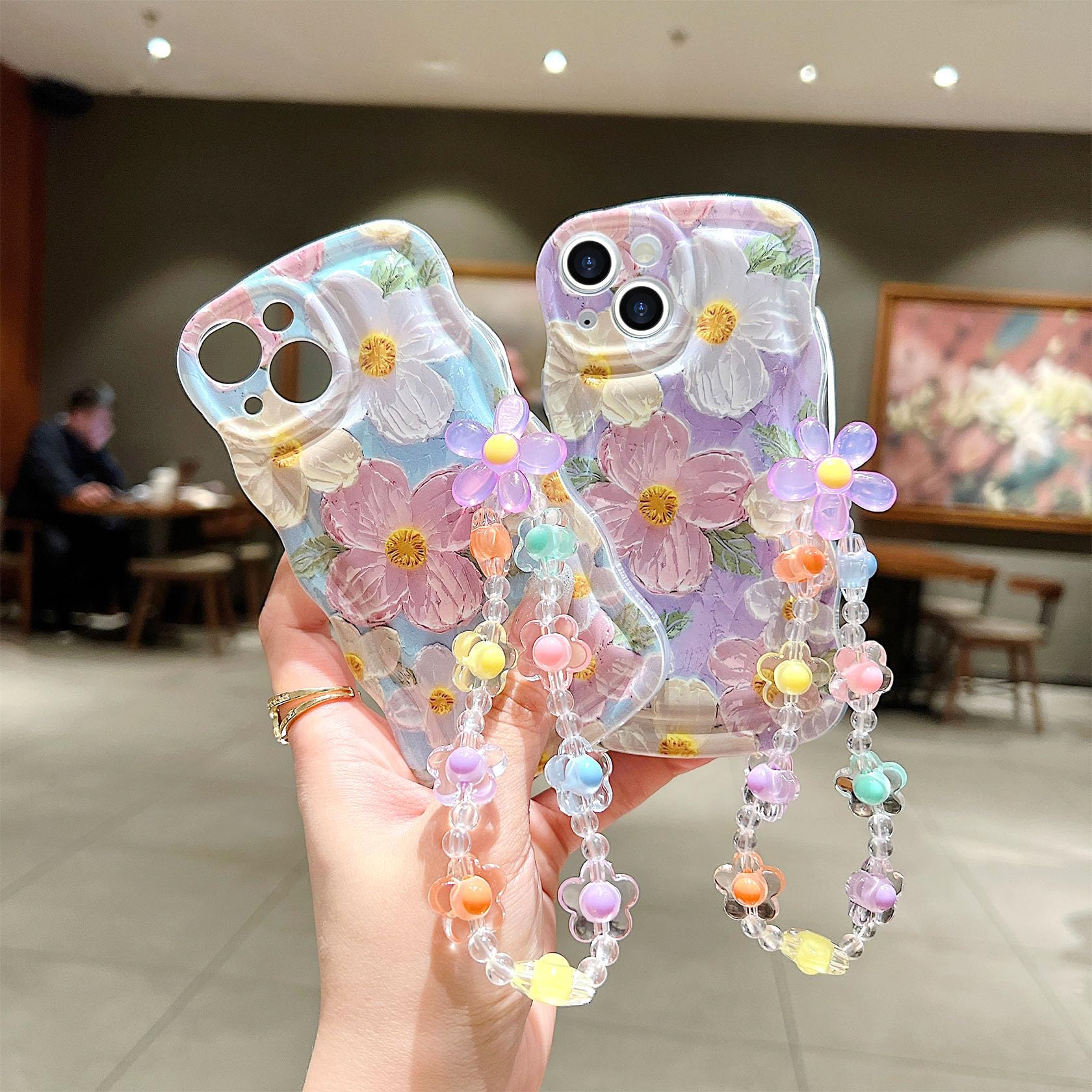For Iphone 13 Mini Curly Wavy Case, Cute Colorful Retro Oil Painting Flower Glossy Pattern [With Bead Chain], Slim Fit Shockproo