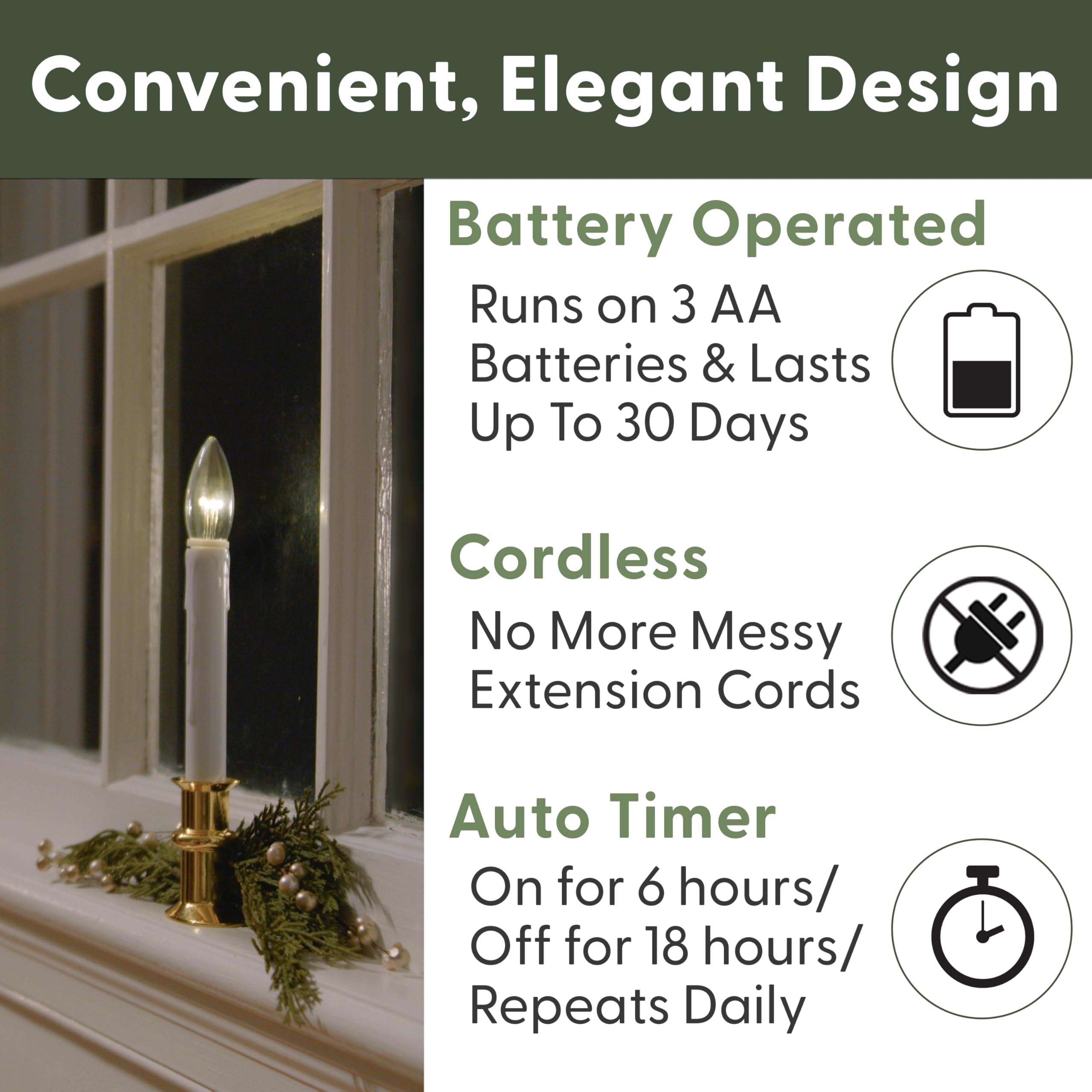 612 Vermont Ultra Bright Led Window Candles With Timer, Battery Operated, Slim Line Metal Base, Vt 2813 Bw 4R (Polished Brass, P
