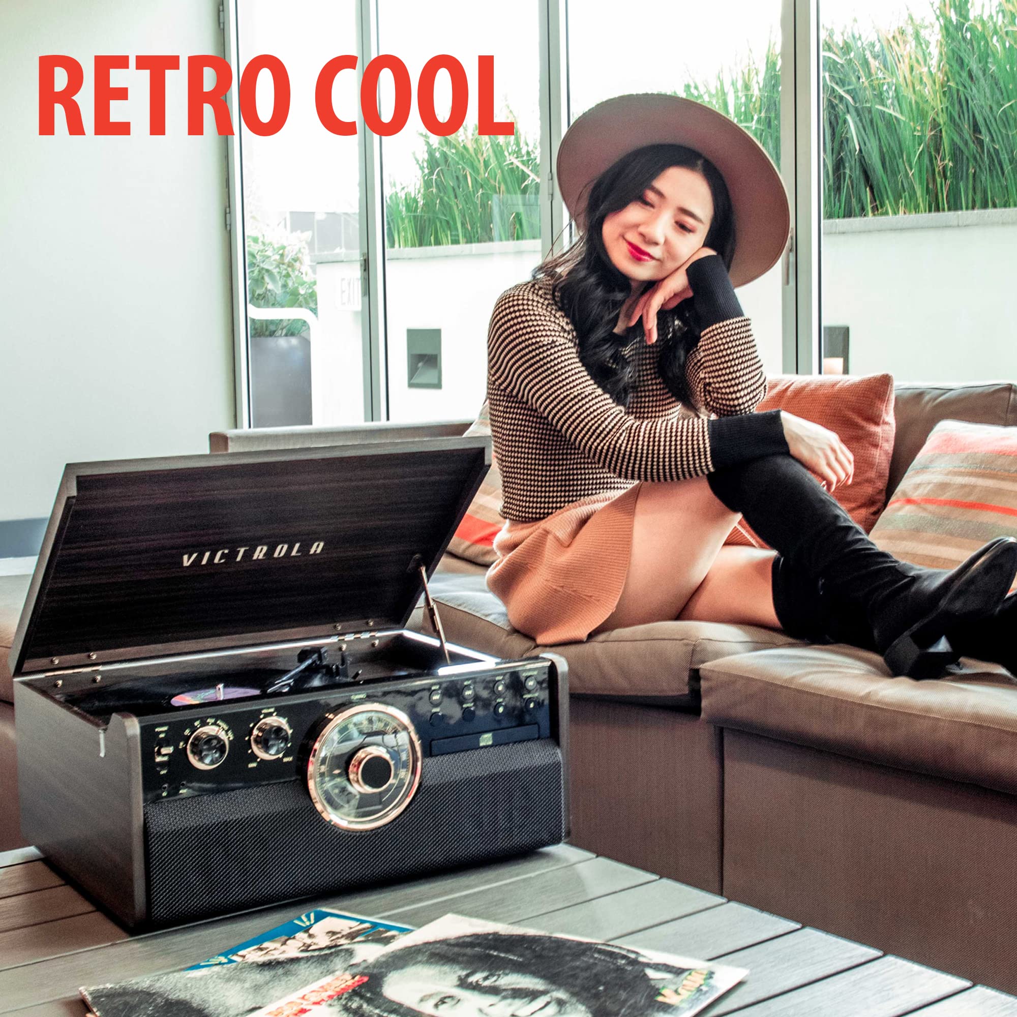 Victrola Mid Century 6 In 1 Bluetooth Record Player & Multimedia Center With Built In Speakers   3 Speed Turntable, Cd & Cassett