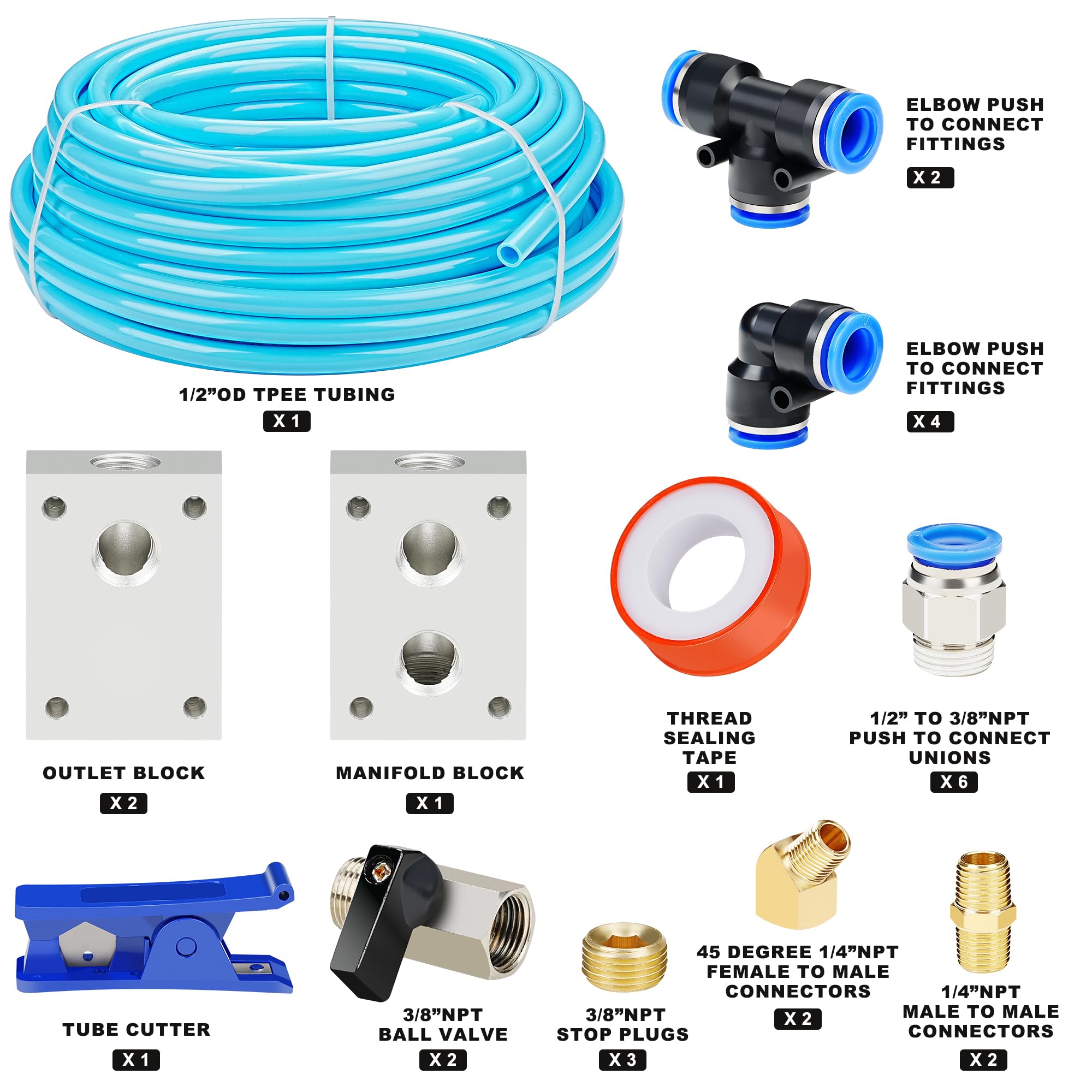Hootsum 1/2Od Compressed Air Piping System And Shop Air Line Kit With 100Ft Tpee Tubing 3/8''Id