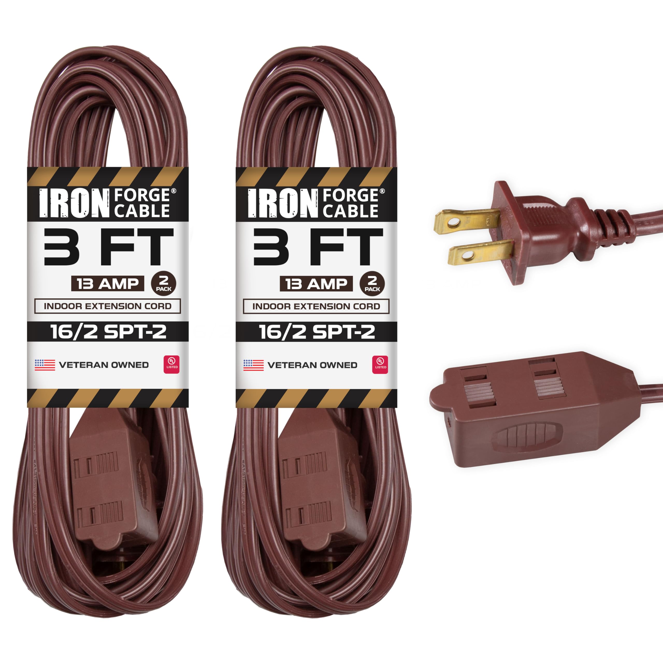 Iron Forge Cable 3 Ft Brown Extension Cord 2 Pack   16/2 Durable Electrical Cable
