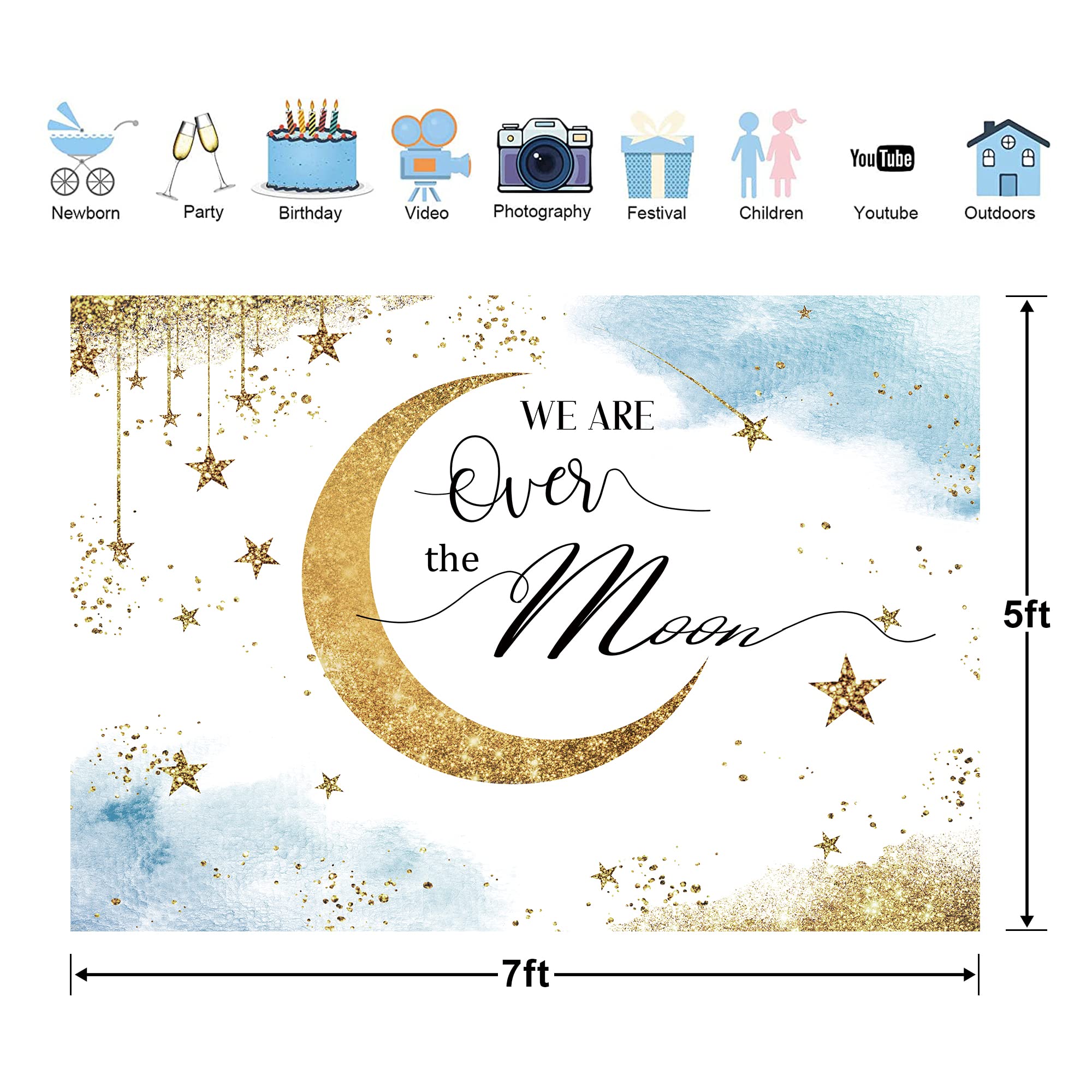 Glawry Over The Moon Baby Shower Backdrop 7Wx5H Feet Boho Blue Watercolor Shinning Stars Gold Dots Celestial Over The Moon Party