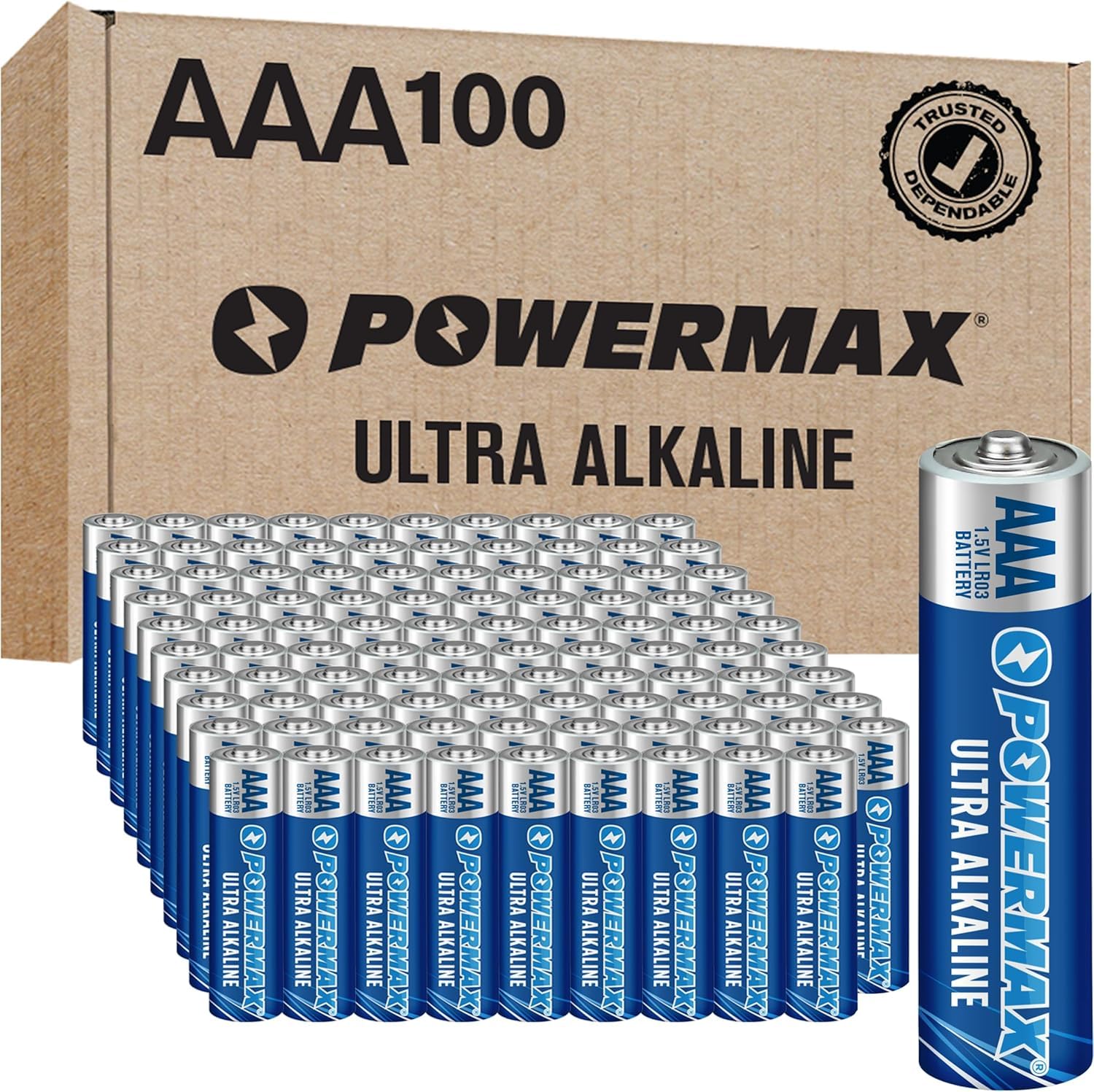 Powermax 100-Count Triple AAA Batteries, Ultra Long Lasting Alkaline Battery for Home and Office, 10-Year Shelf Life, Reclosable